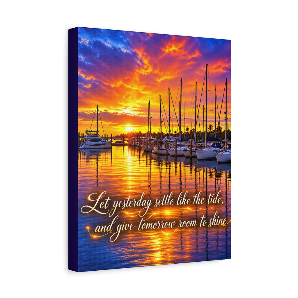 Sunset Marina Canvas Wall Art – “Let Yesterday Settle Like the Tide” Inspirational Coastal Decor