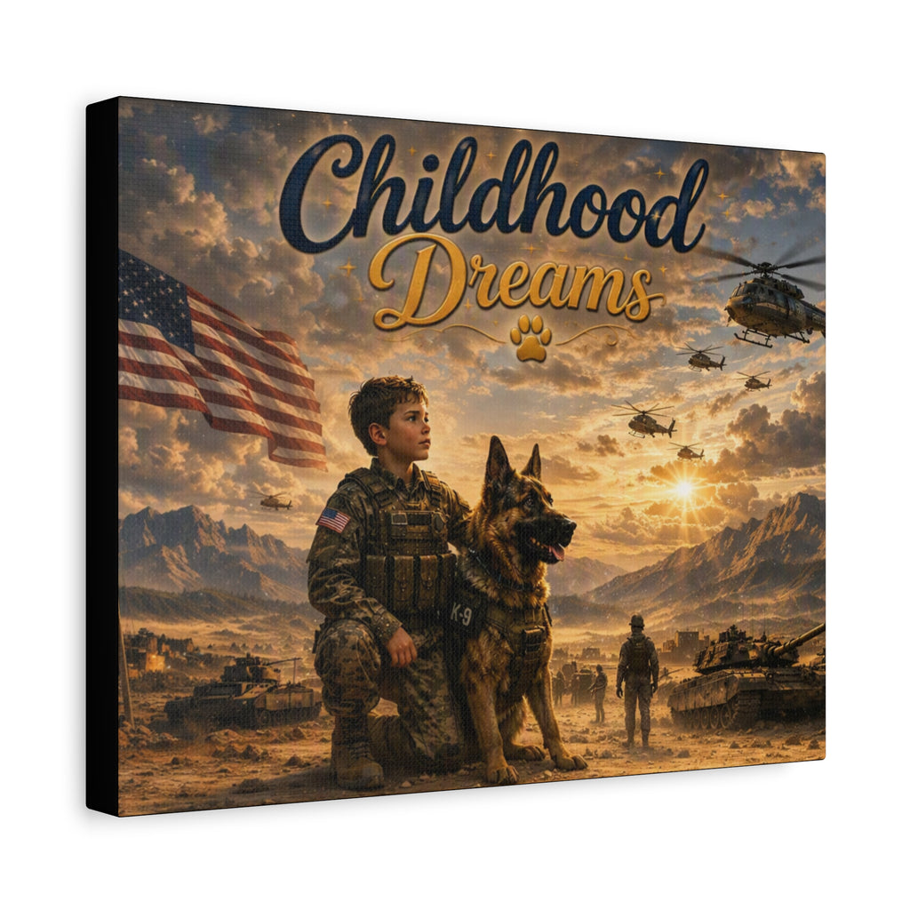 Childhood Dreams Military Canvas Wall Art — Kid Soldier & K9 Patriotic Stretched Matte Canvas