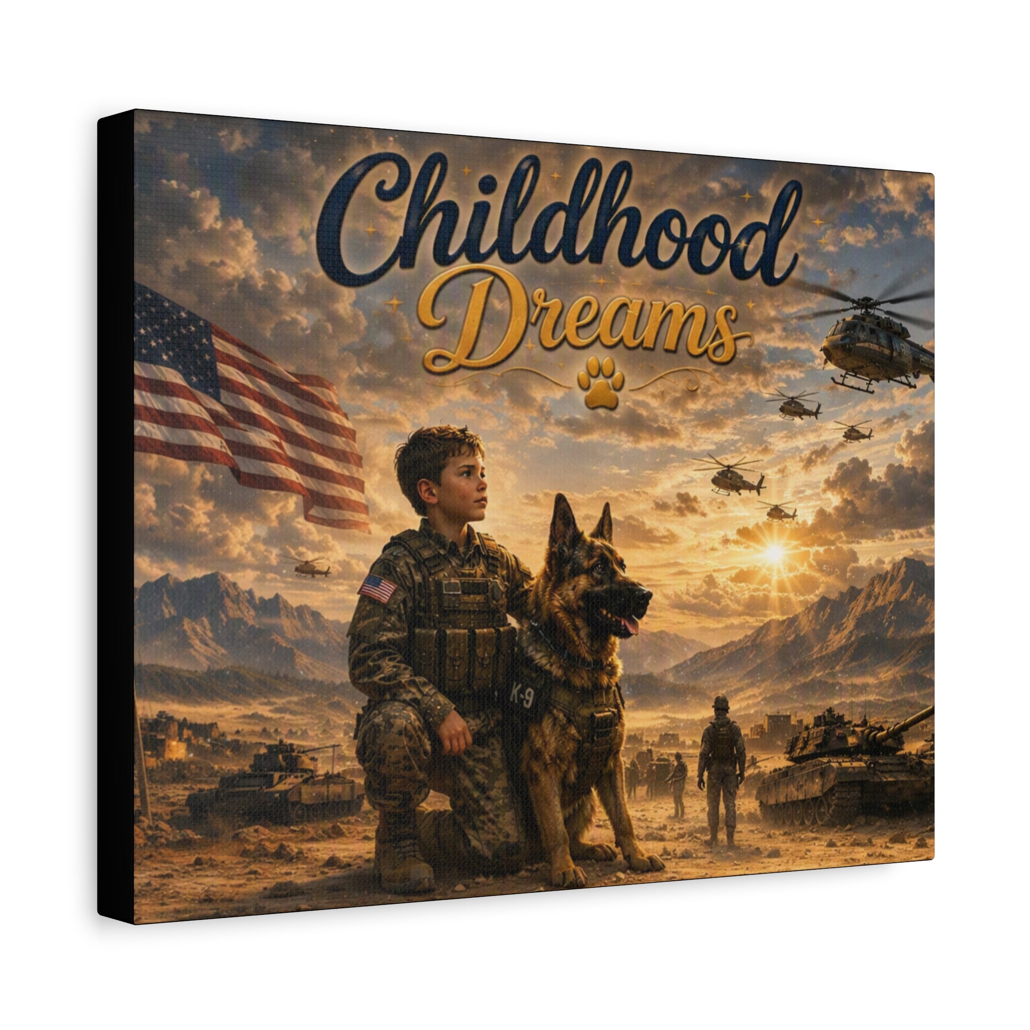 Childhood Dreams Military Canvas Wall Art — Kid Soldier & K9 Patriotic Stretched Matte Canvas