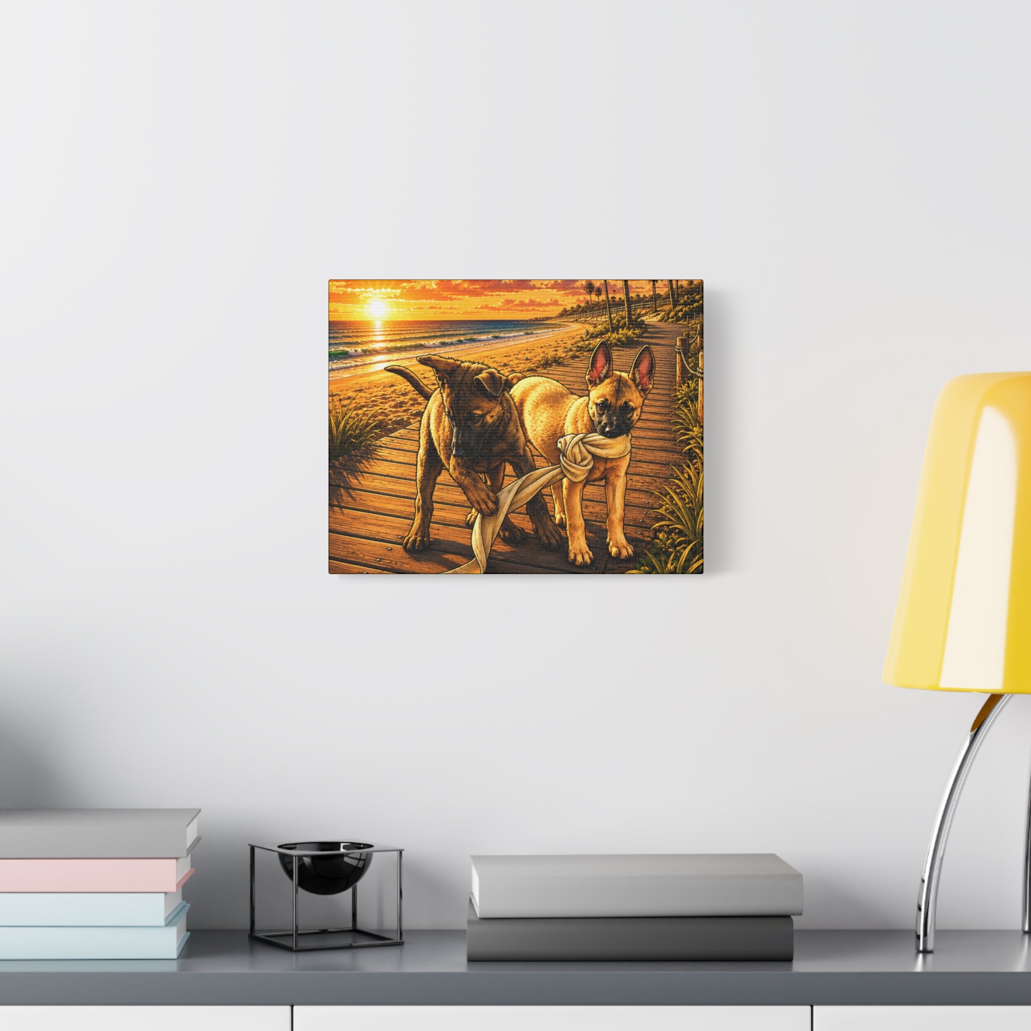 Malinois Puppies Playing on Sunset Beach Canvas