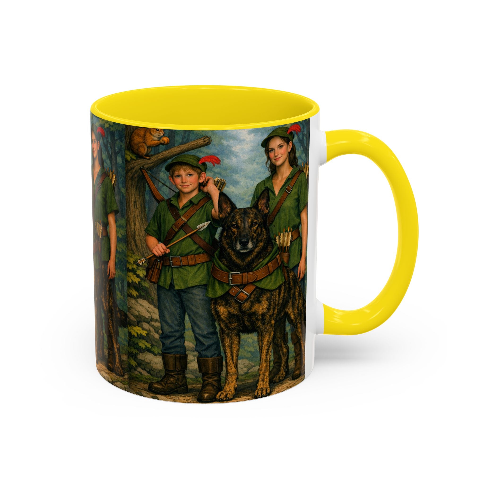 Robin Hood Duo &  Dutch Shepherd Dog Coffee Mug – Fantasy Archer Duo Illustration, Gift for Adventure Fans