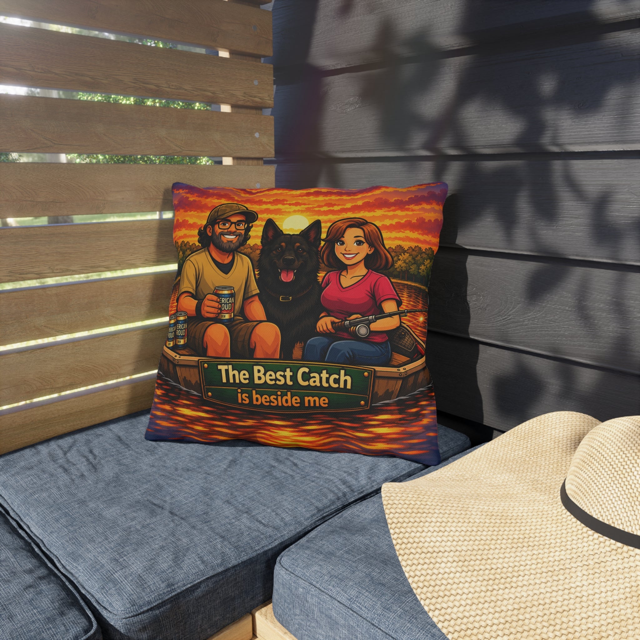 The Best Catch Is Beside Me Outdoor Pillow – Personalized Fishing Couple & Dog Throw Pillow