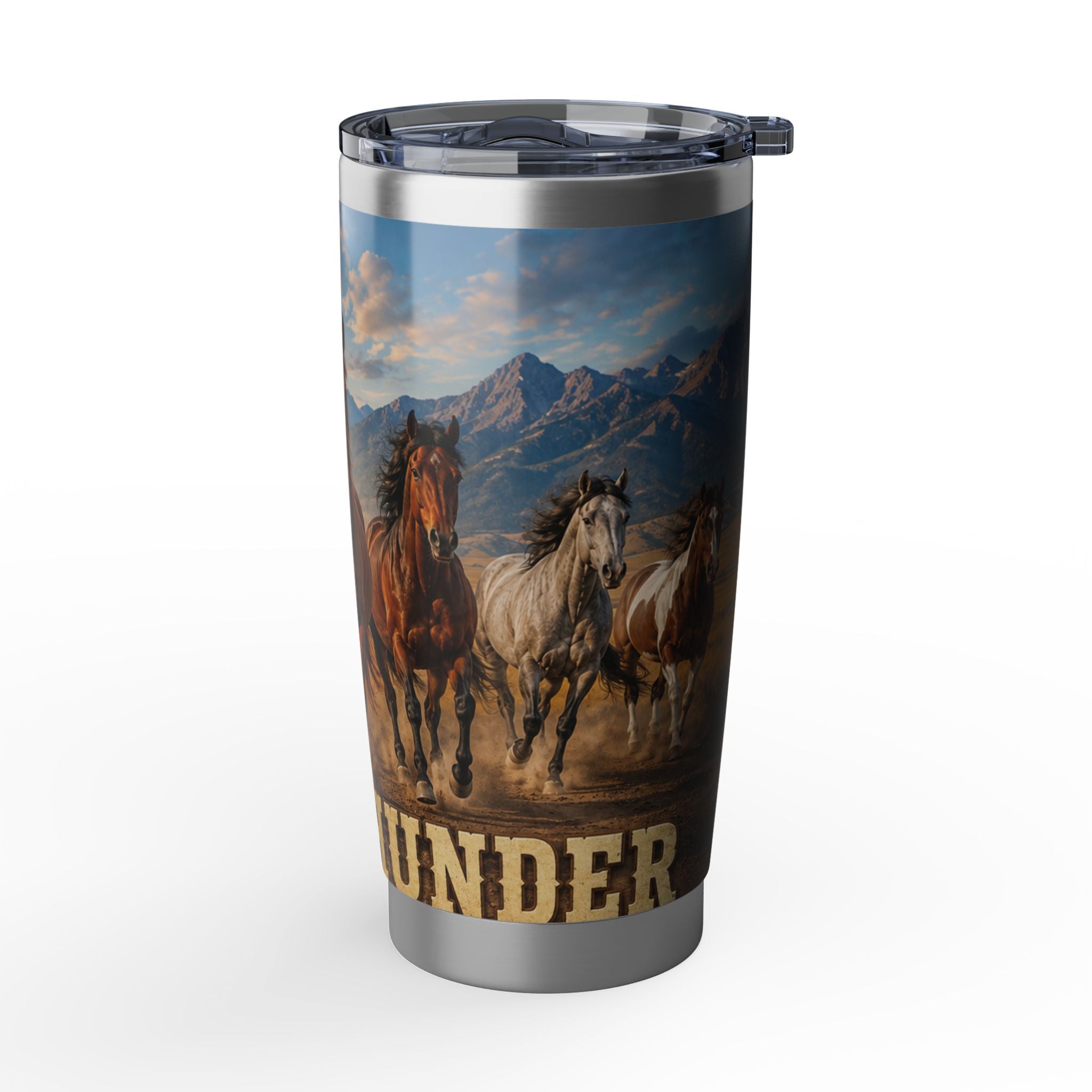Wild Mustang 20oz Tumbler — Running Horses Mountain Sunset
