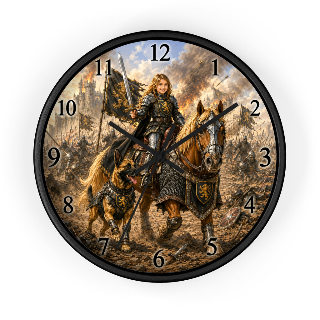 Medieval Knight Wall Clock — Fantasy Horseback Girl Warrior Battle Scene