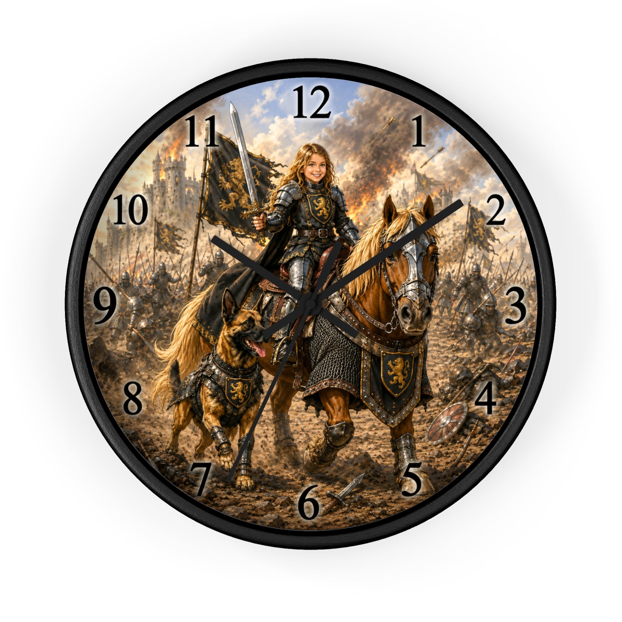 Medieval Knight Wall Clock — Fantasy Horseback Girl Warrior Battle Scene