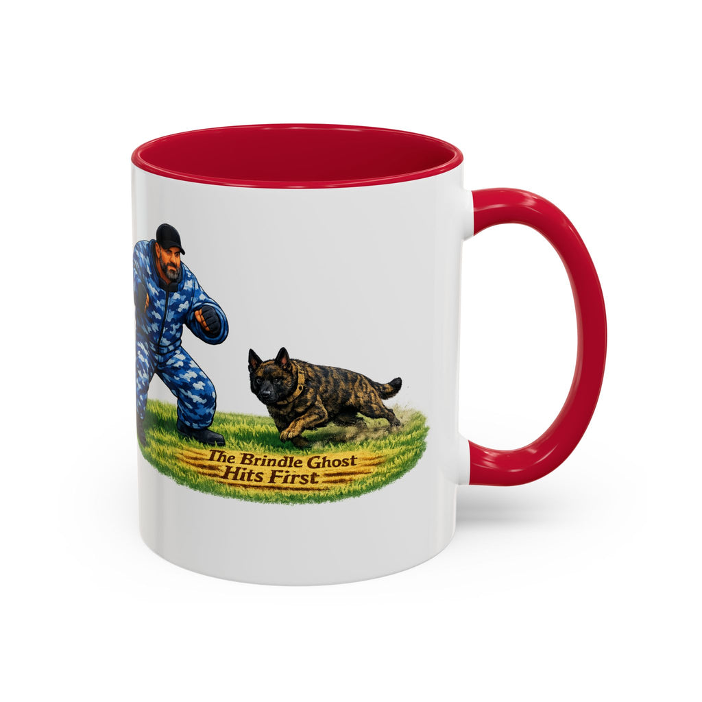 K9 Protection Trainer Mug — “The Brindle Ghost Hits First” Color Accent Coffee Cup (11oz/15oz)