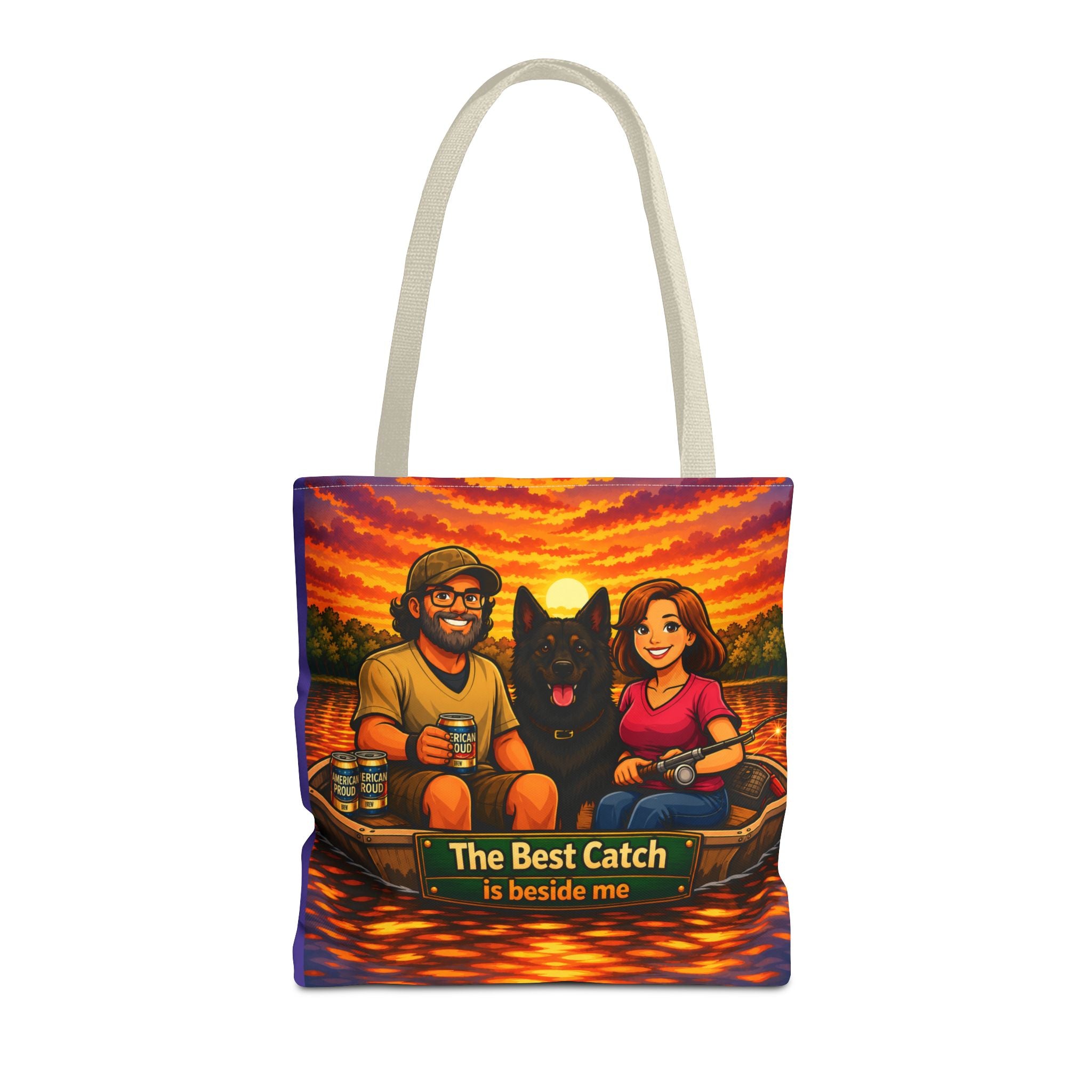 Tote Bag — "The Best Catch Is Beside Me" Fishing Couple & Dog Sunset Tote