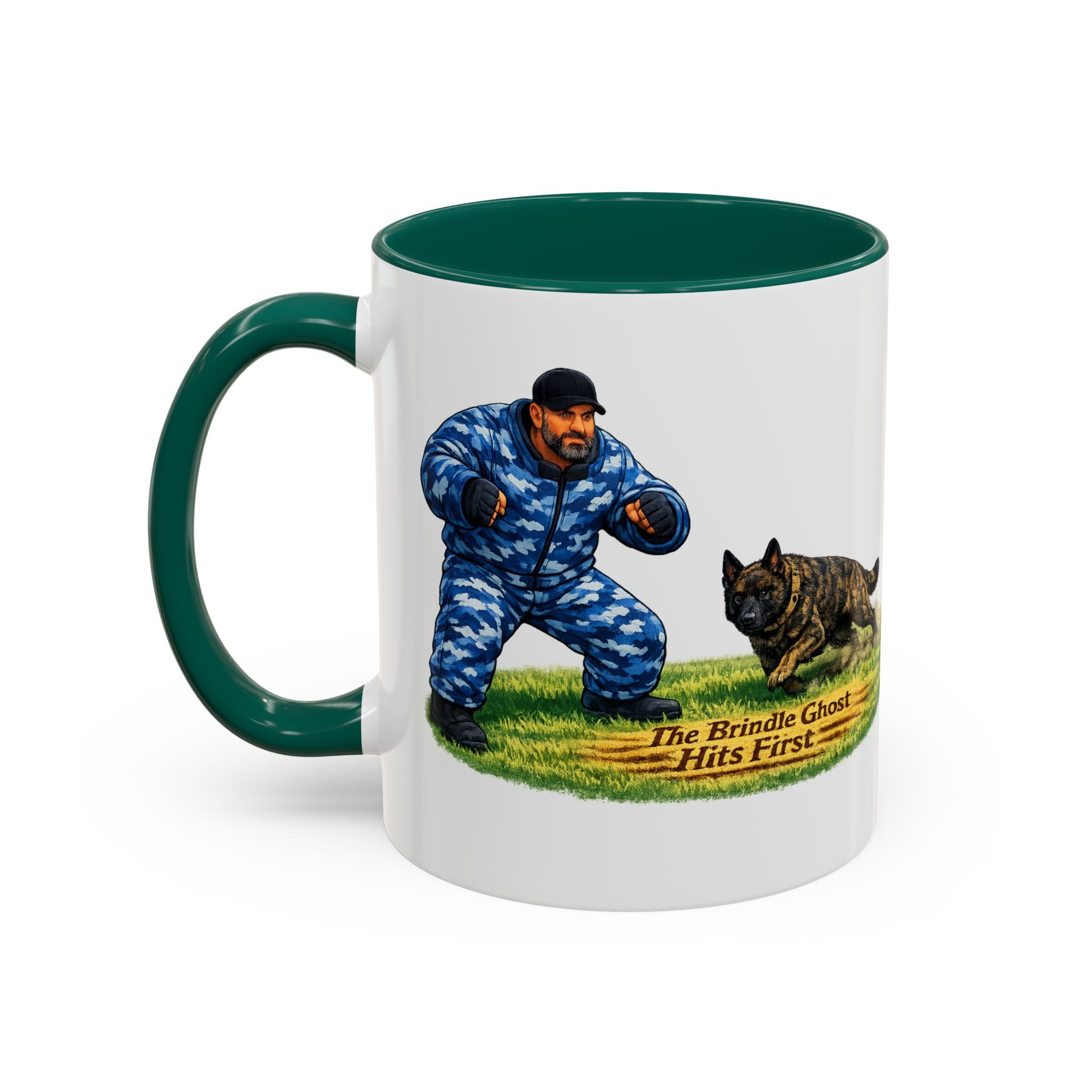 K9 Protection Trainer Mug — “The Brindle Ghost Hits First” Color Accent Coffee Cup (11oz/15oz)