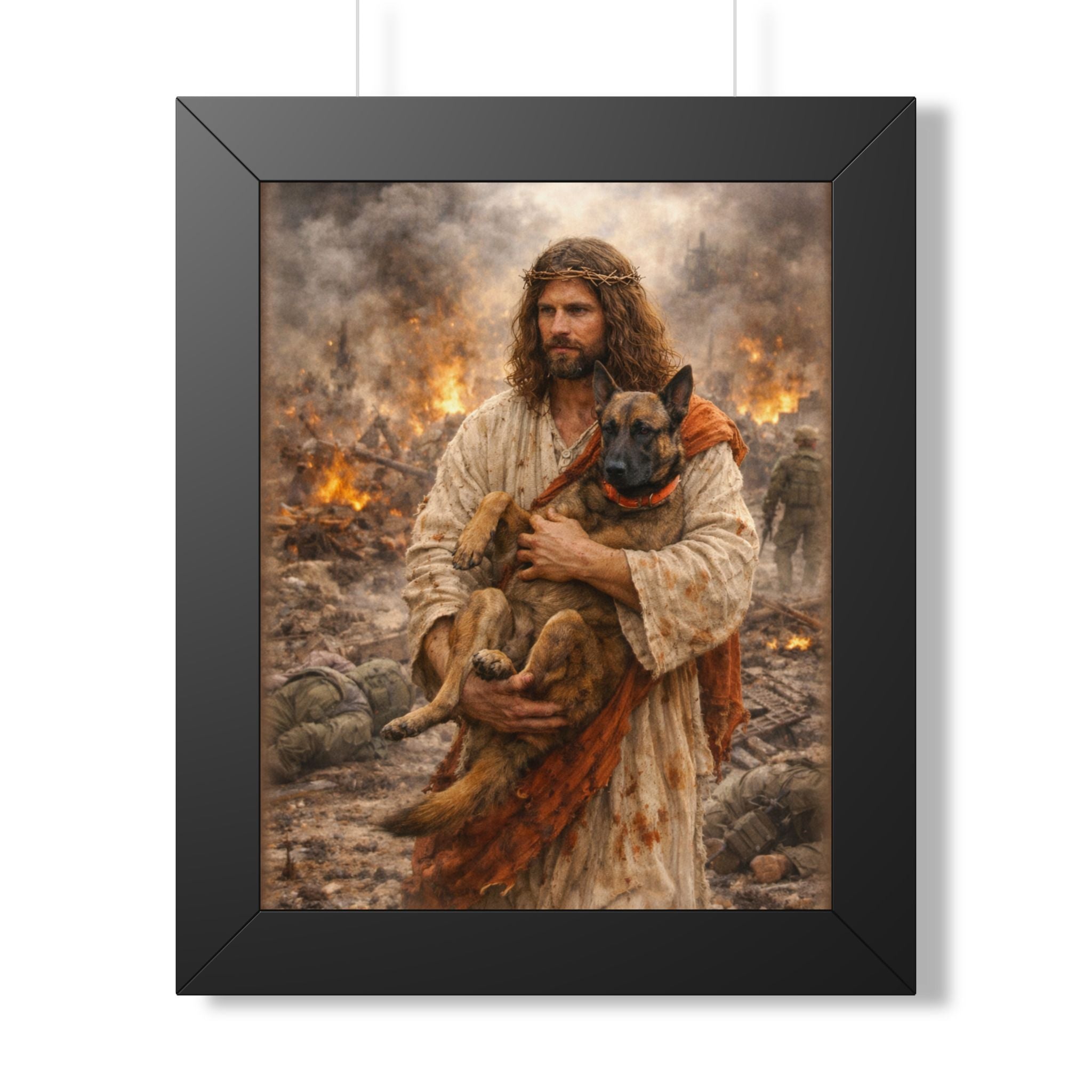 Framed Poster — Jesus Carrying a Dog, Christian Faith Wall Art