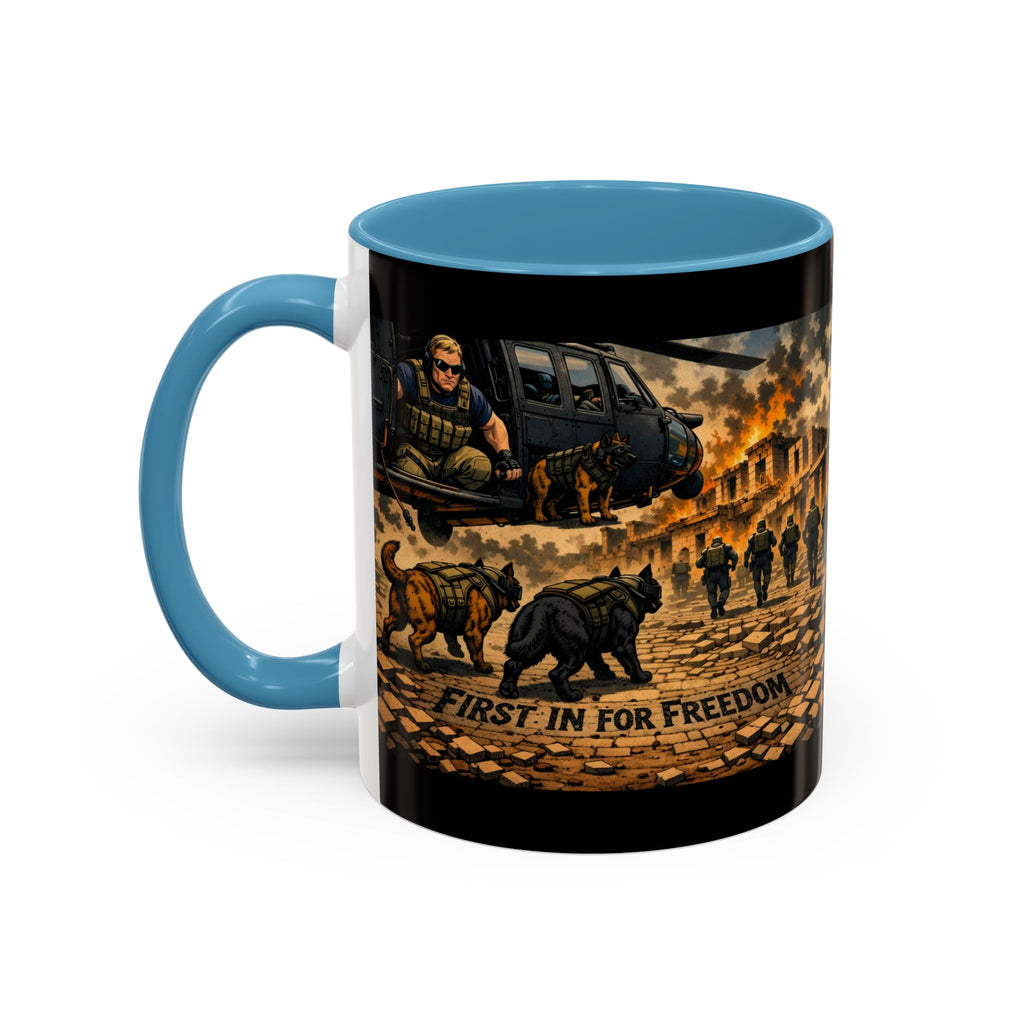 Military K9 Coffee Mug — 'First In for Freedom' Accent Ceramic Mug