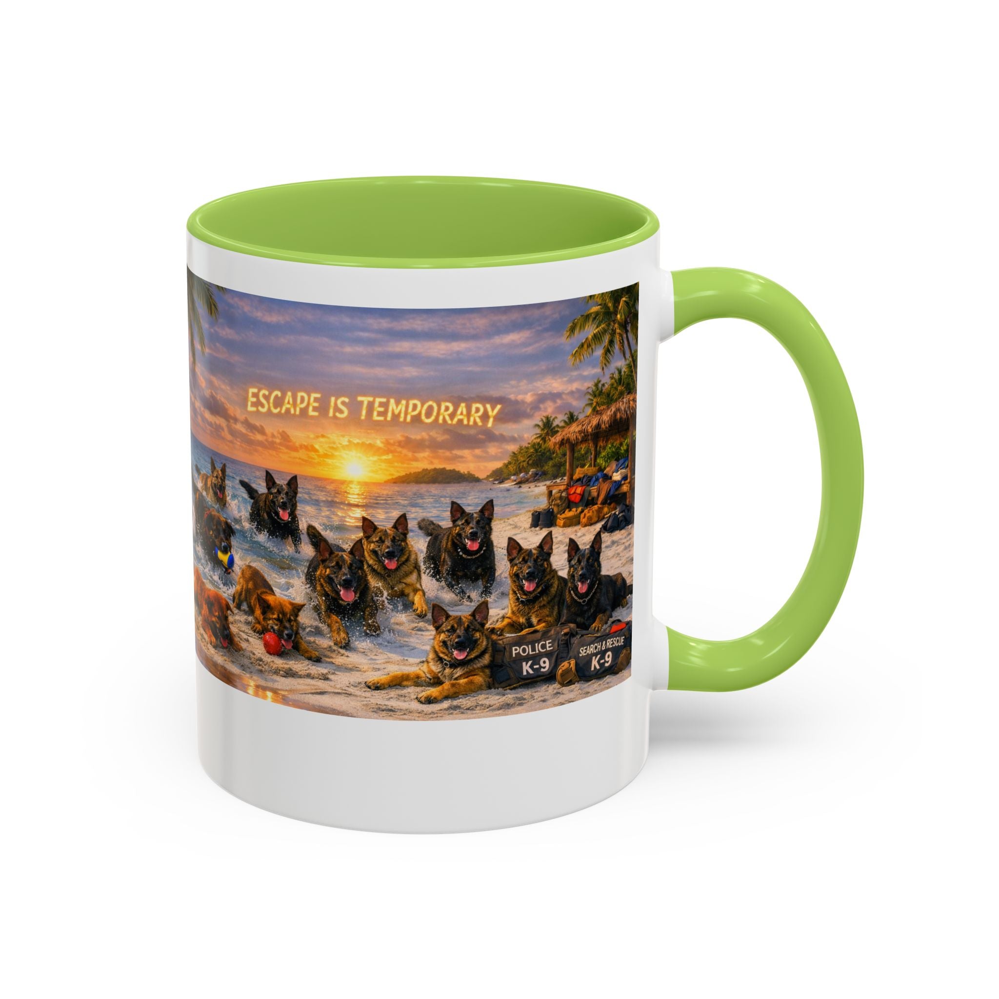 Dutch Shepherd Beach Coffee Mug — "Escape Is Temporary" Accent Mug (11/15oz)