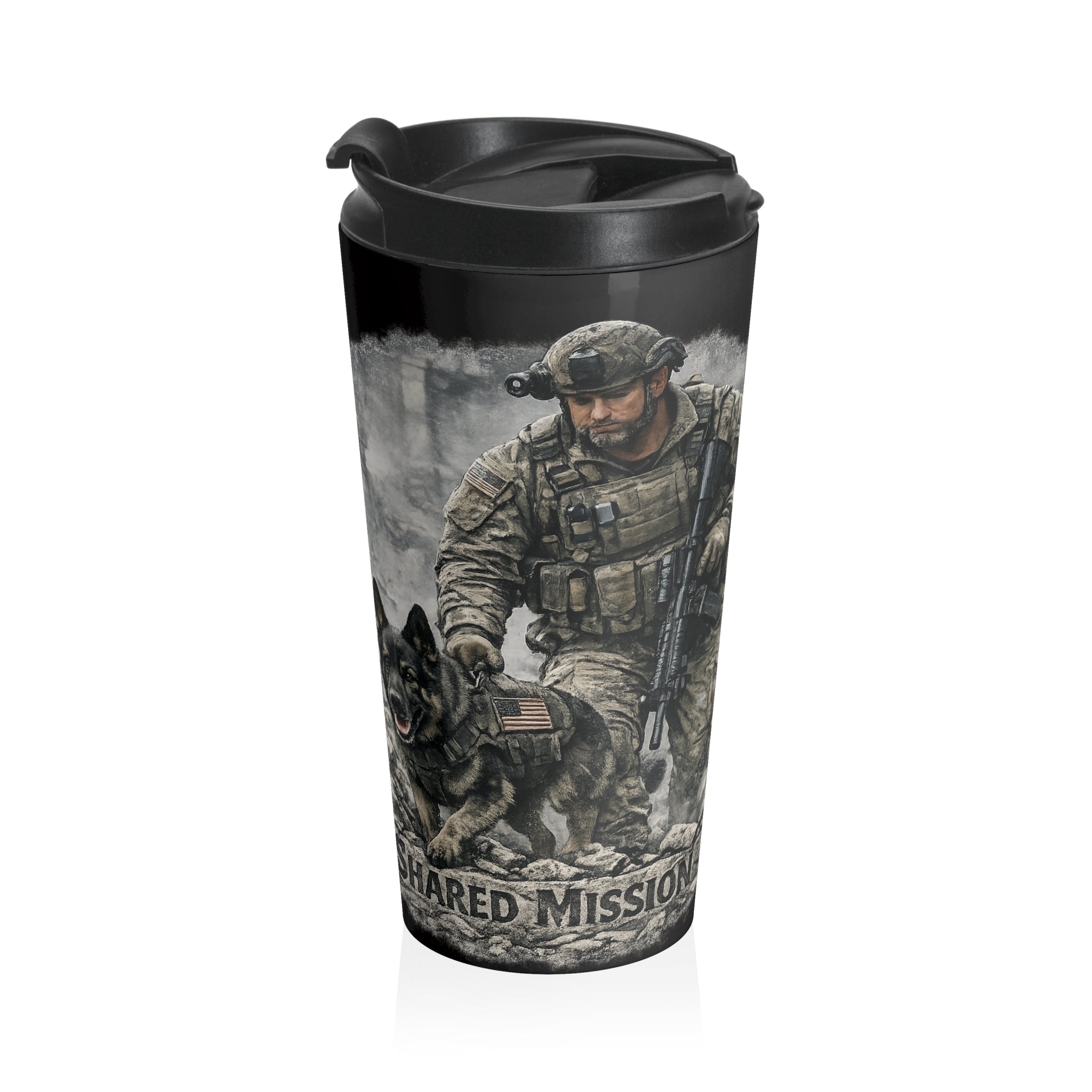 Tactical K9 Stainless Steel Travel Mug — Military Dog Handler Mission Shield Design