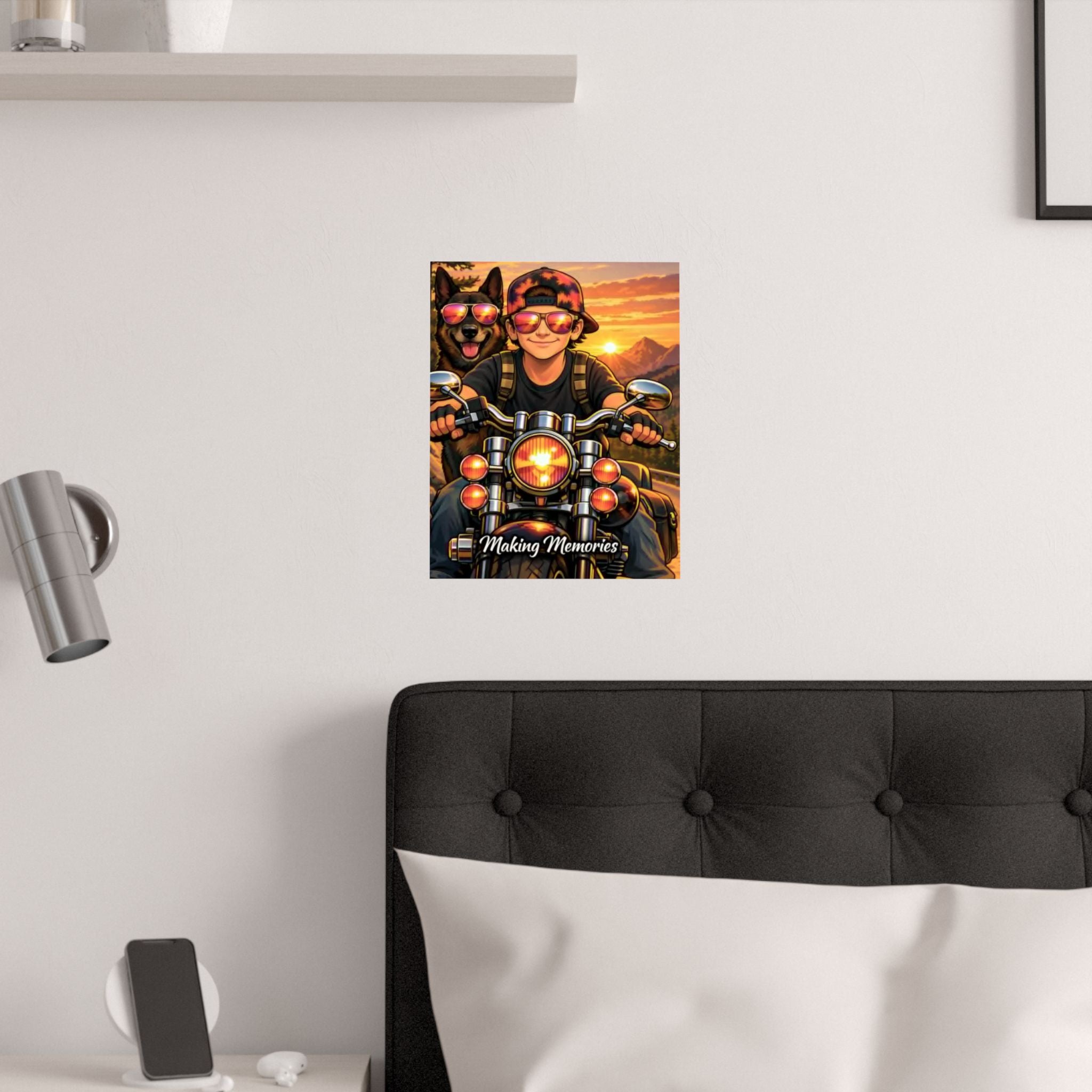 Satin Poster – 'Making Memories' Motorcycle Rider & Dog Sunset Print (210gsm)