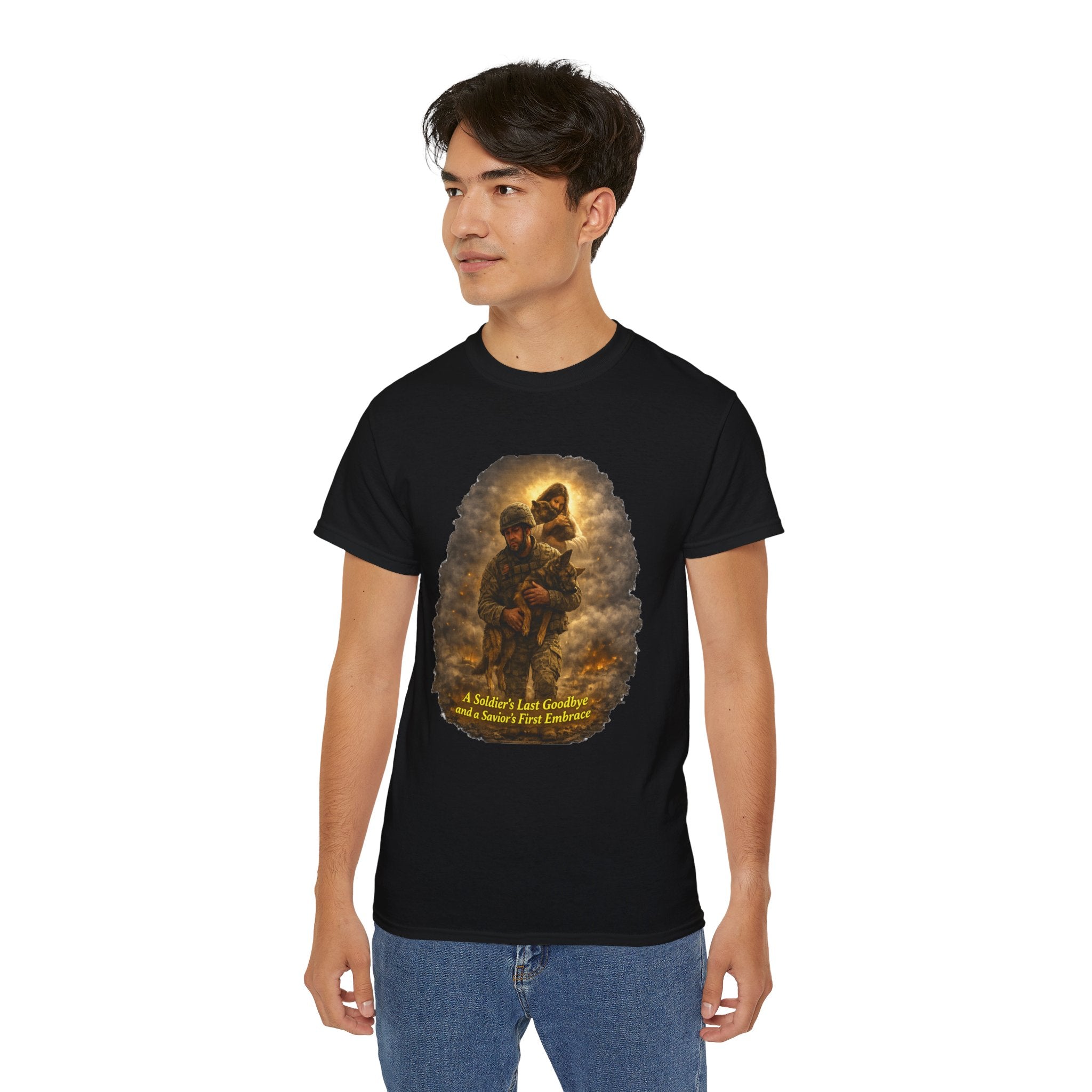 T-Shirt — "A Soldier's Last Goodbye and a Savior's First Embrace" Patriotic Military Tribute