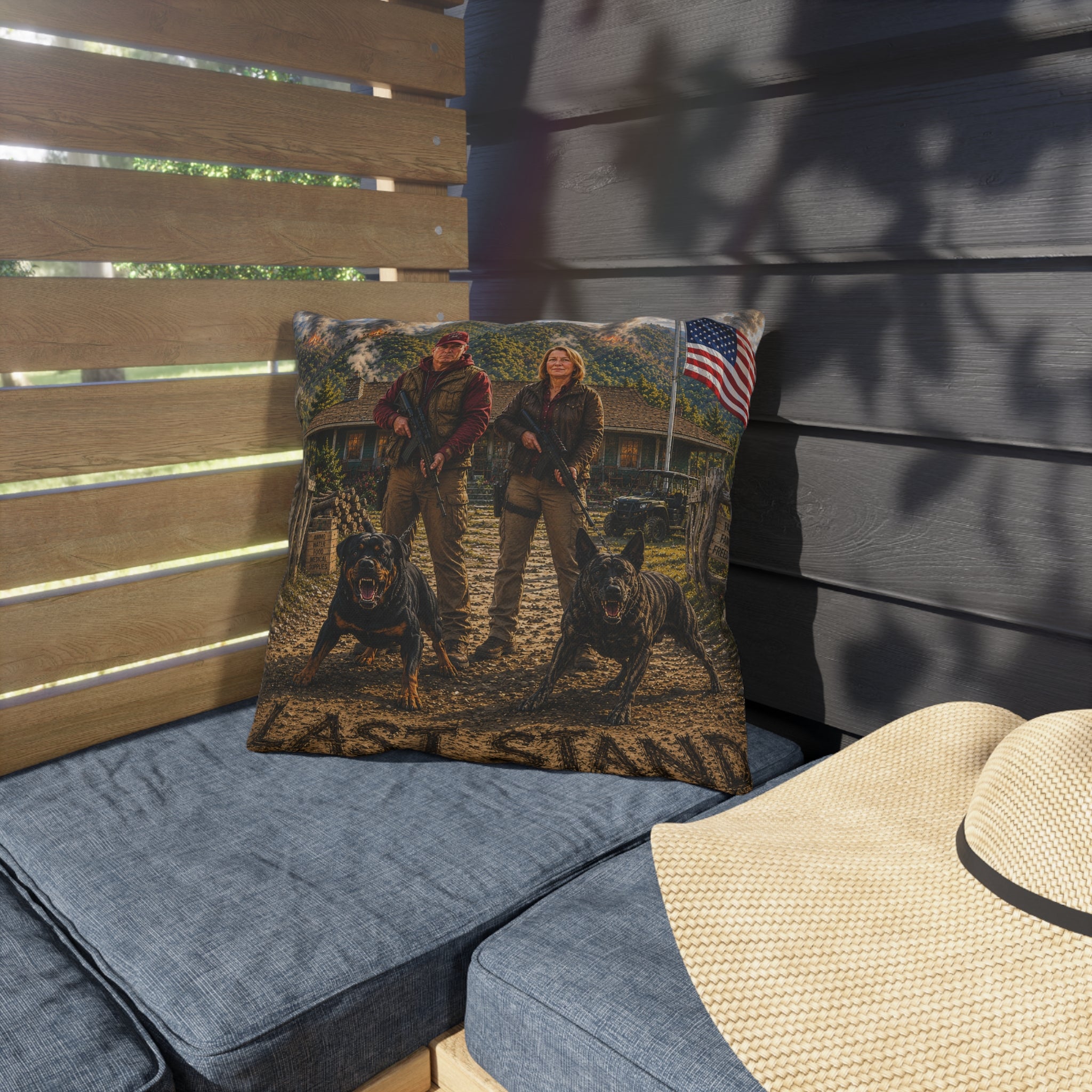 Outdoor Pillow — Patriotic Hunting Couple with Guard Dogs Accent Pillow