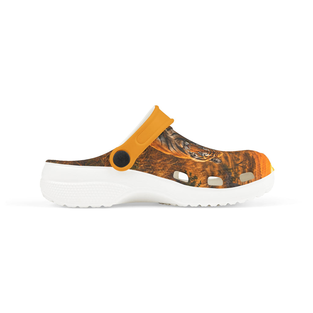 Kids Tiger Print Foam Clogs — Orange Jungle Animal Slip-On Shoes