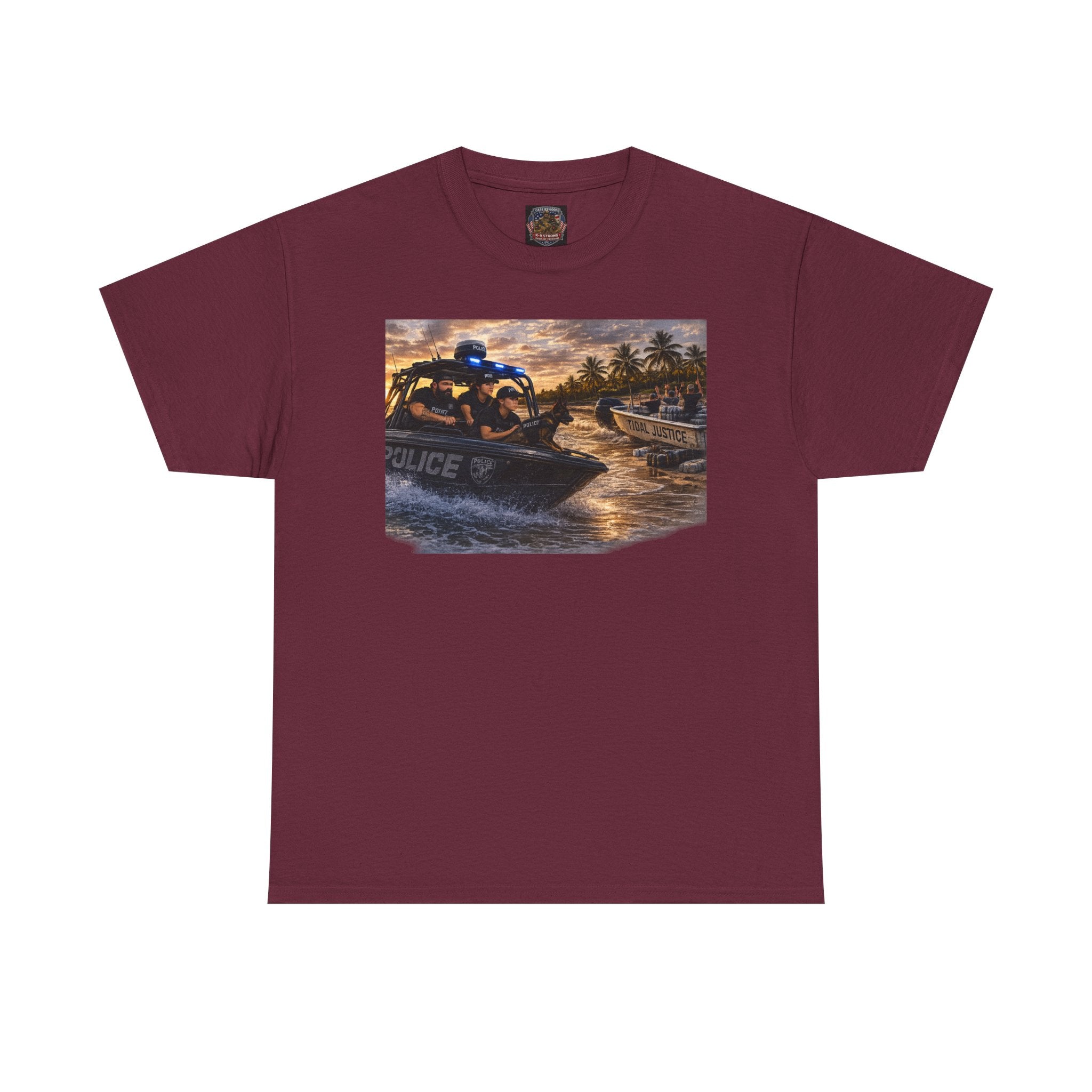 Police K-9 Rescue Boat T‑Shirt — Coastal Patrol Sunset Graphic Tee