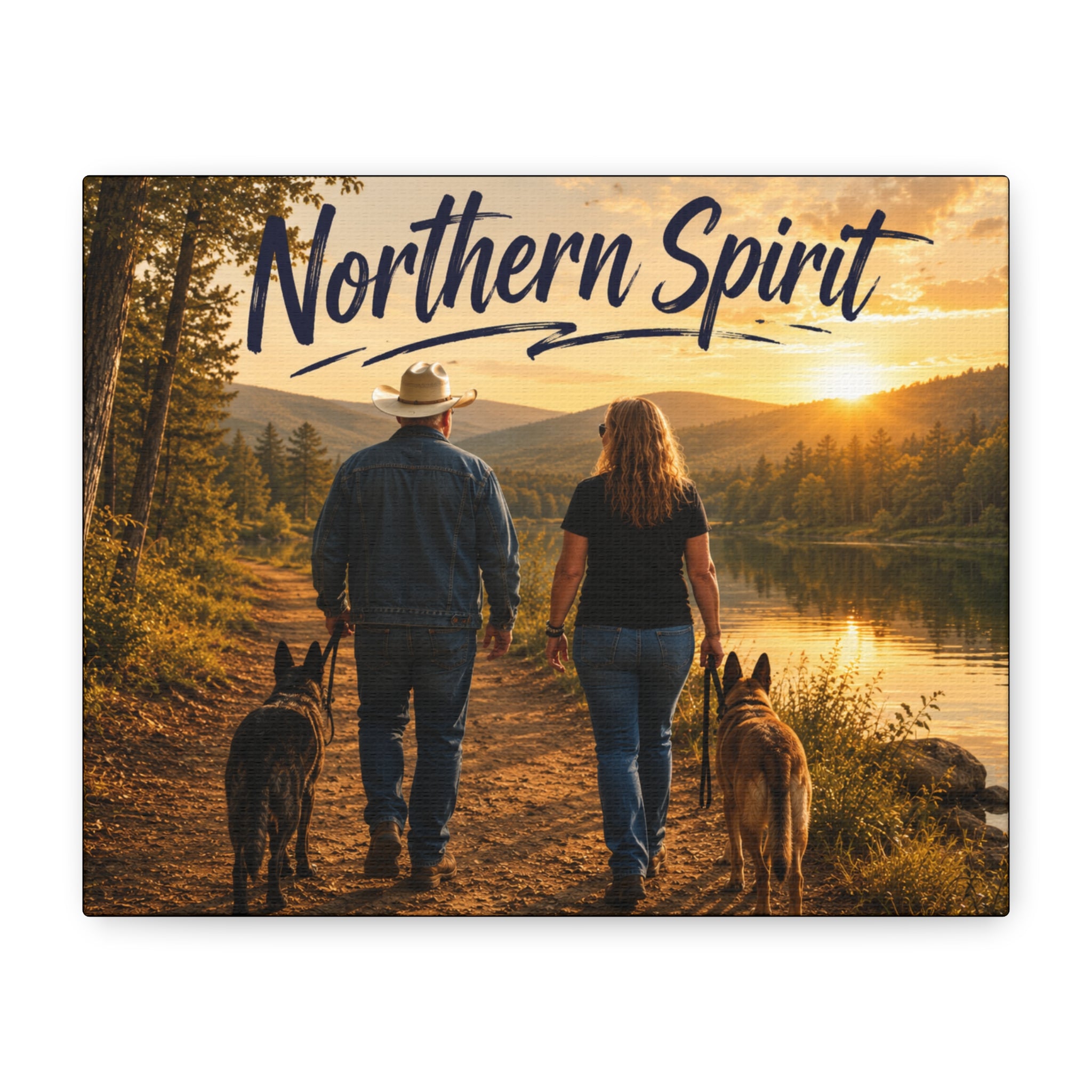 Northern Spirit Canvas Wall Art - Rustic Couple & Dogs Sunset Print