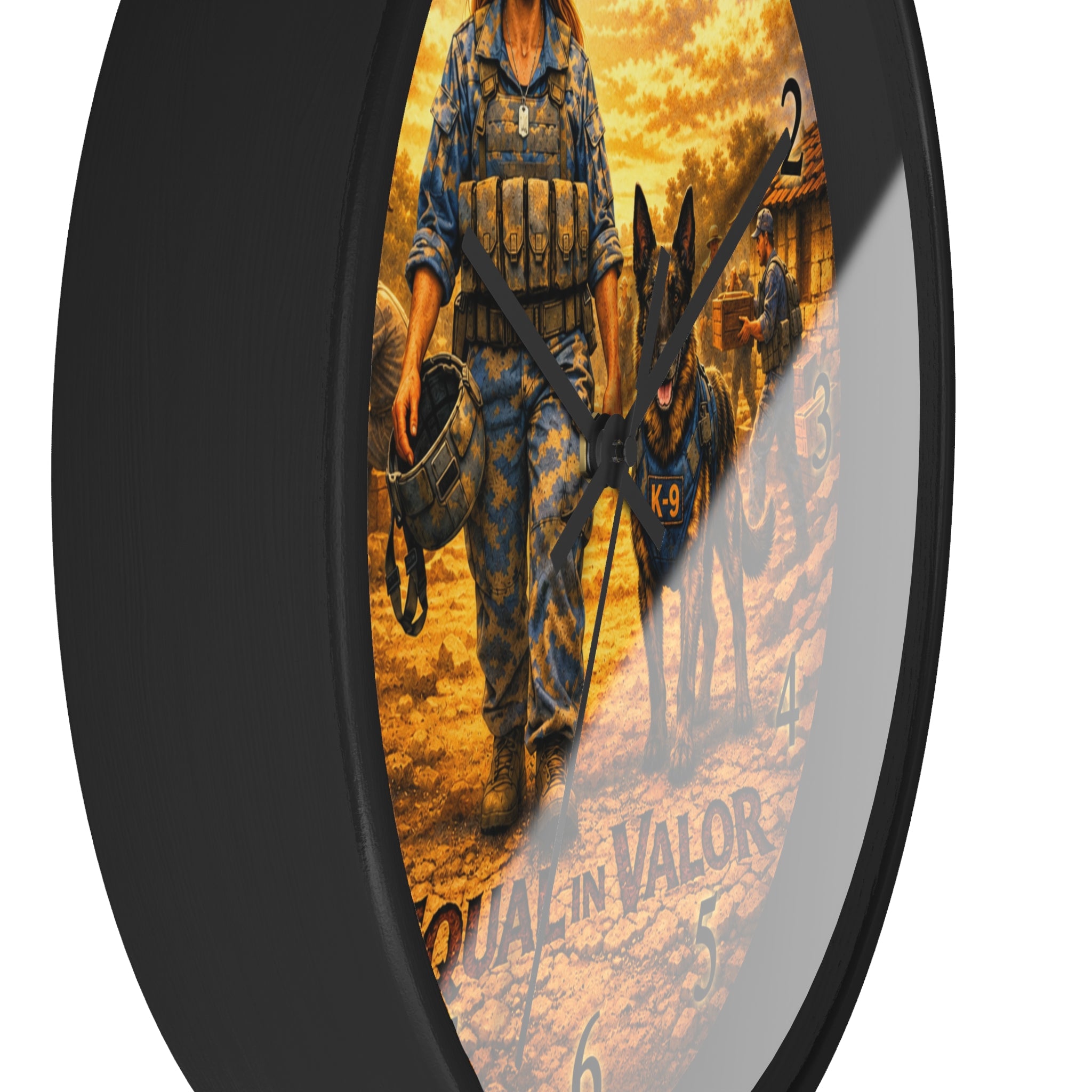 Equal in Valor Military K-9 Tribute Wall Clock —Women Soldier & Service Dog Decor