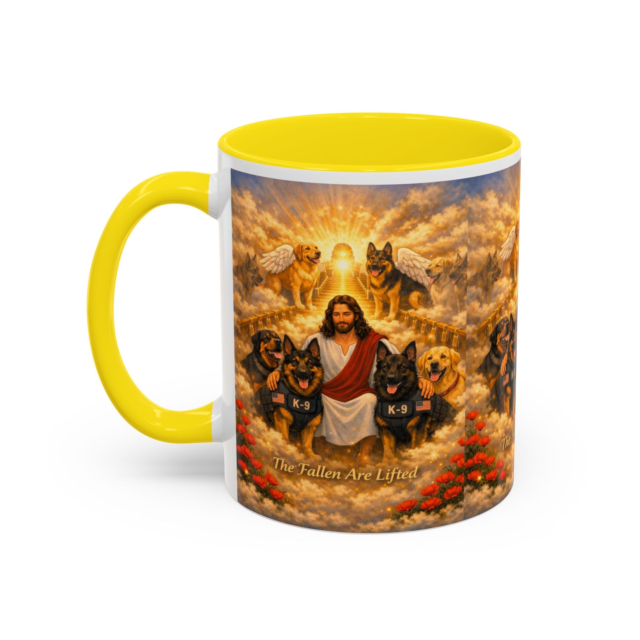 Christian Dog Memorial Coffee Mug — “The Fallen Are Lifted” Accent 11/15oz
