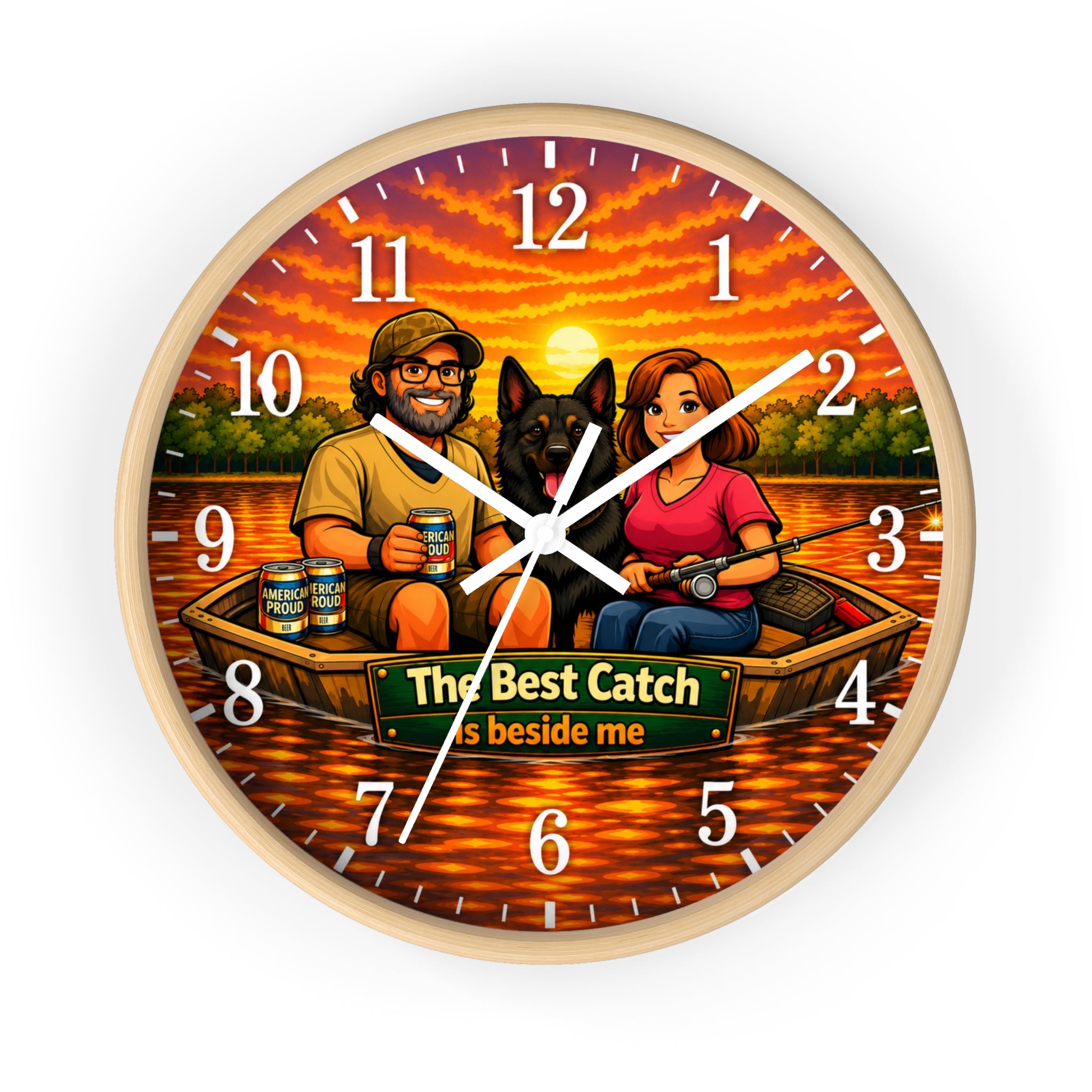 Fishing Couple Wall Clock — “The Best Catch Is Beside Me” Sunset Boat Clock