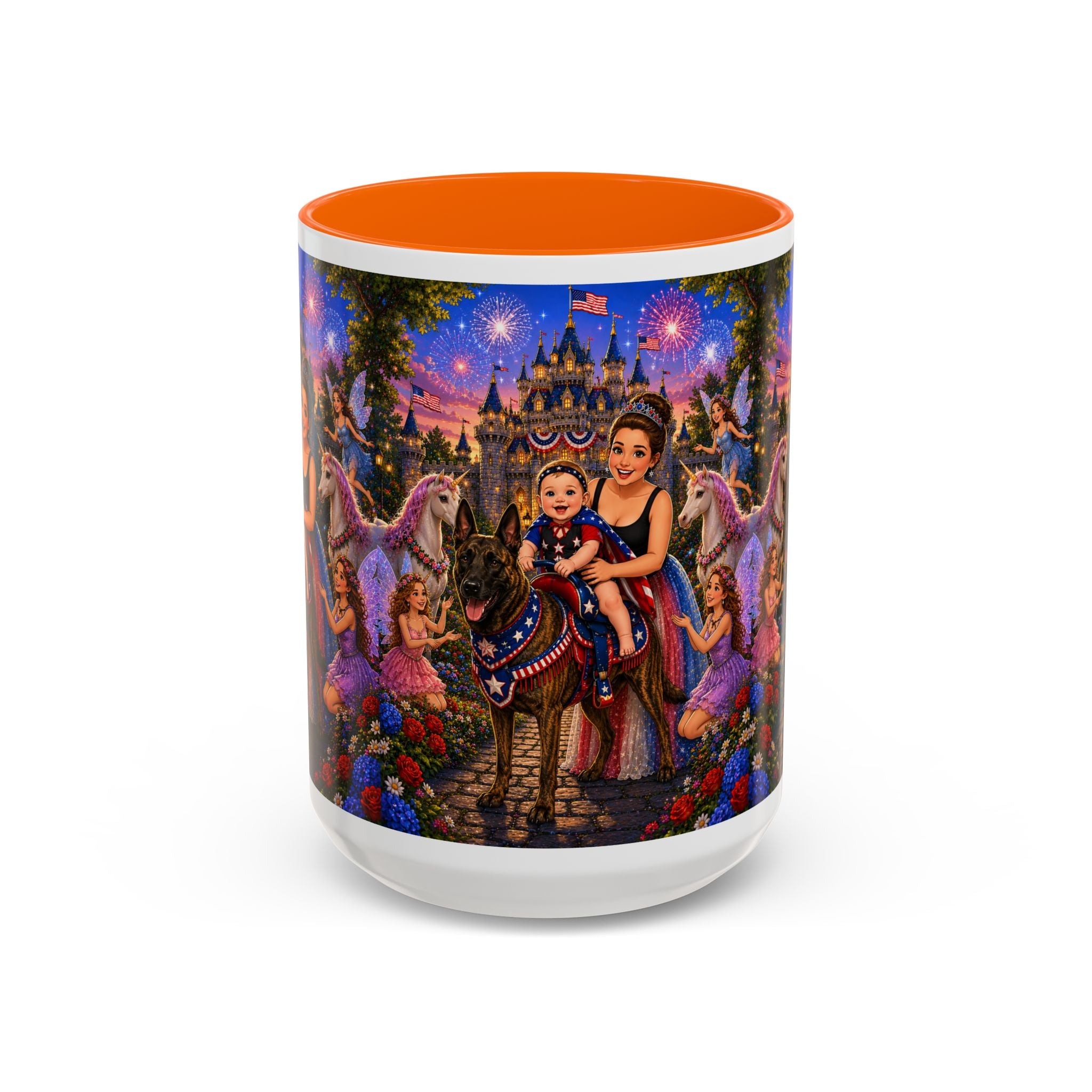 Patriotic Fairy Tale Coffee Mug — Family Castle, Fireworks & Unicorns