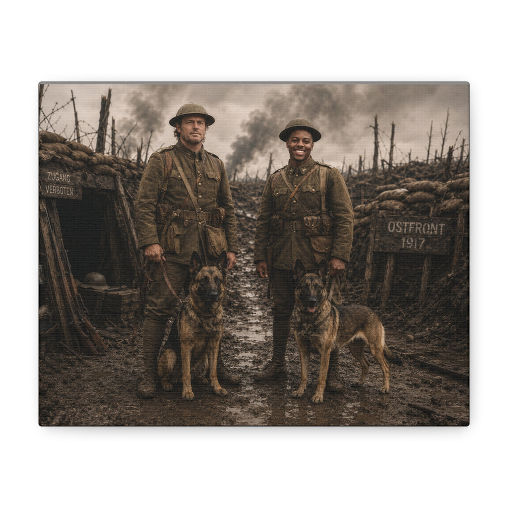 World War I Soldiers & Dogs Matte Canvas Print — Vintage Trench Photo Wall Art