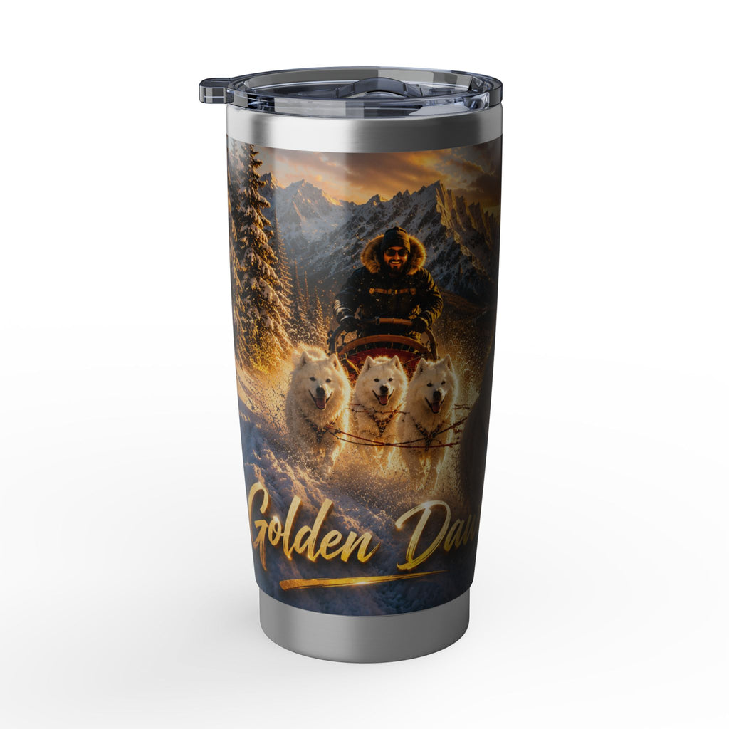 Samoyed Dog Team 20oz Tumbler — Golden Dawn Winter Scenic Travel Mug