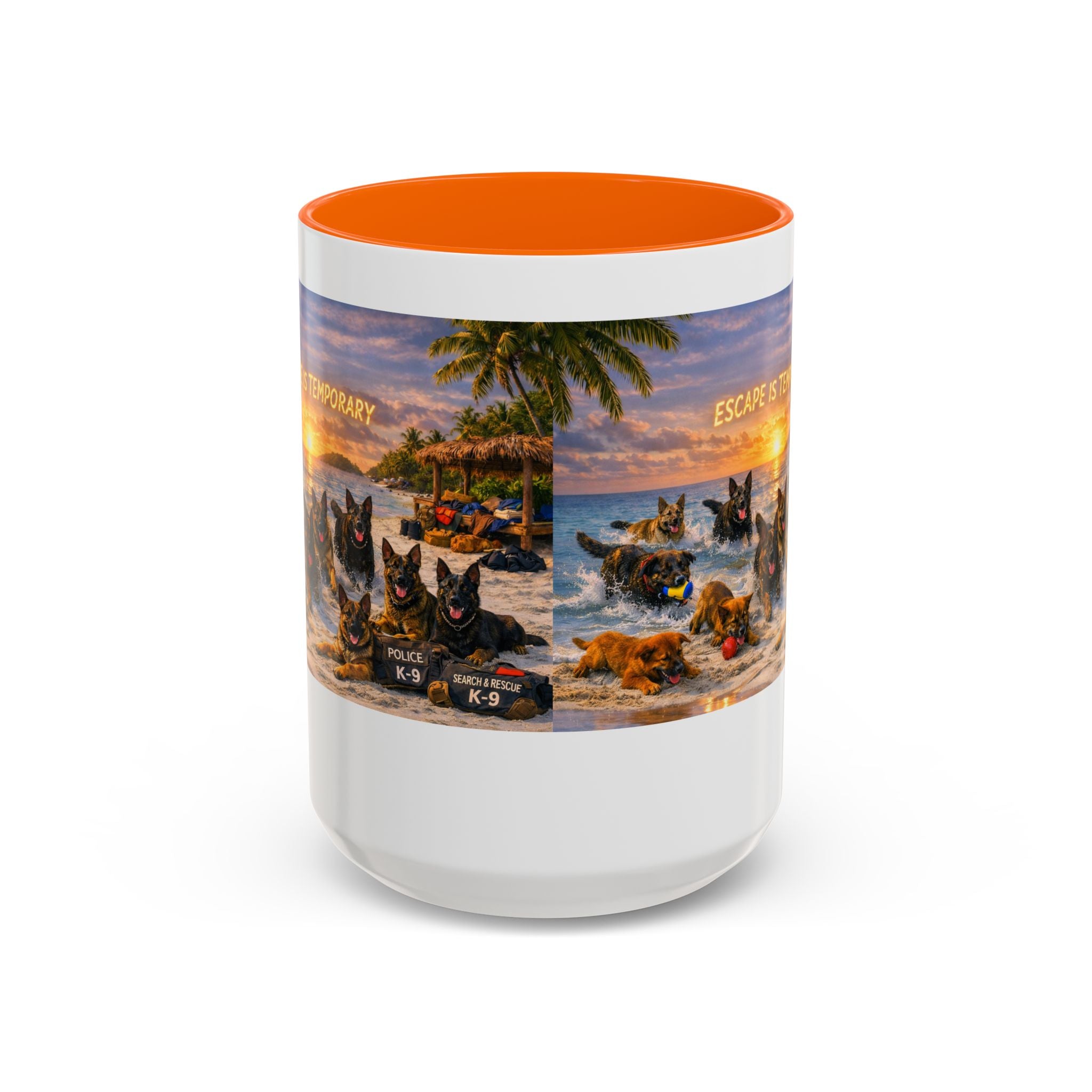 Dutch Shepherd Beach Coffee Mug — "Escape Is Temporary" Accent Mug (11/15oz)