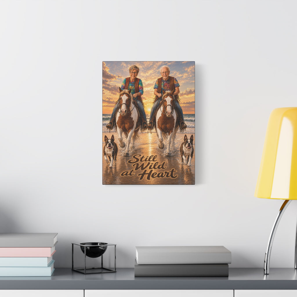 Still Wild at Heart Canvas Wall Art – Elder Couple Riding Horses on Beach