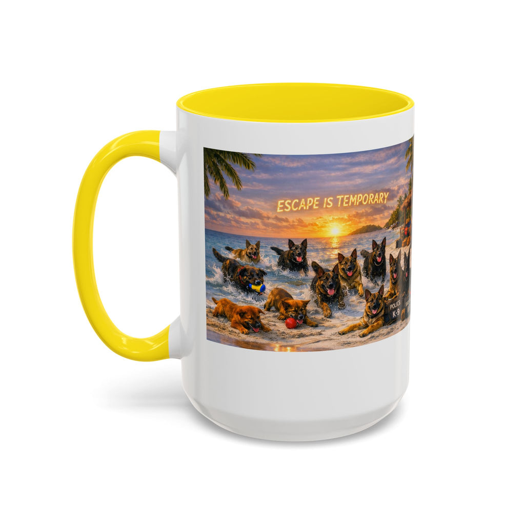 Dutch Shepherd Beach Coffee Mug — "Escape Is Temporary" Accent Mug (11/15oz)