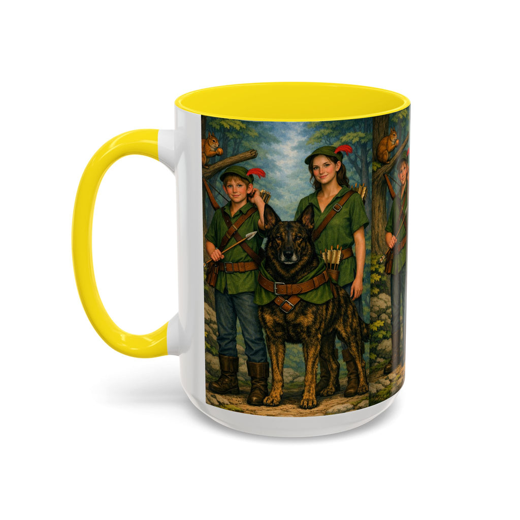 Robin Hood Duo &  Dutch Shepherd Dog Coffee Mug – Fantasy Archer Duo Illustration, Gift for Adventure Fans