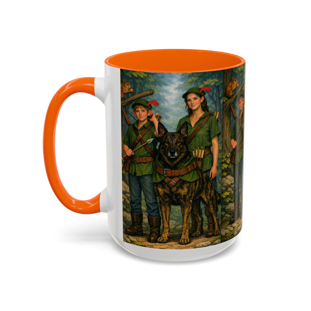 Robin Hood Duo &  Dutch Shepherd Dog Coffee Mug – Fantasy Archer Duo Illustration, Gift for Adventure Fans