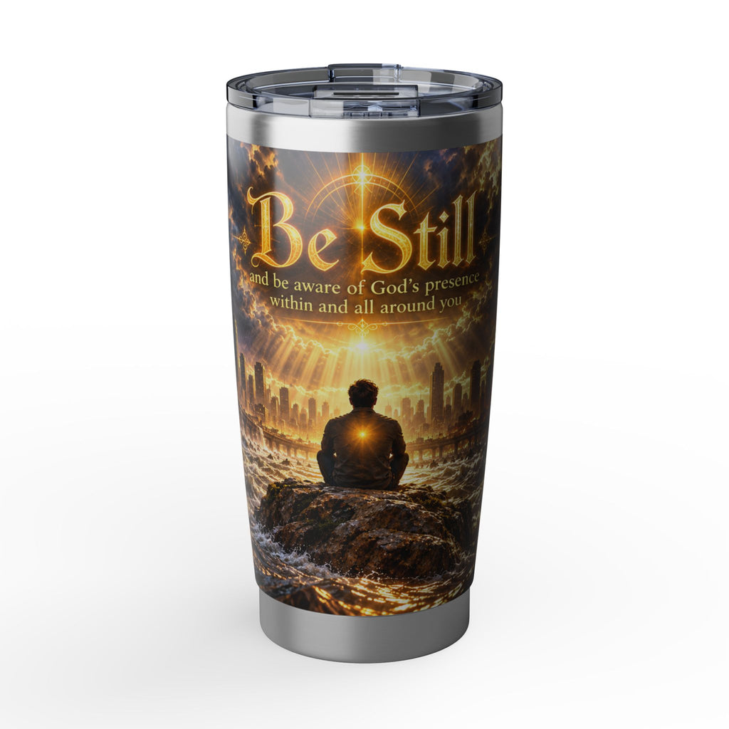 Be Still 20oz Tumbler — Inspirational Christian Travel Mug with Meditative Cityscape Design