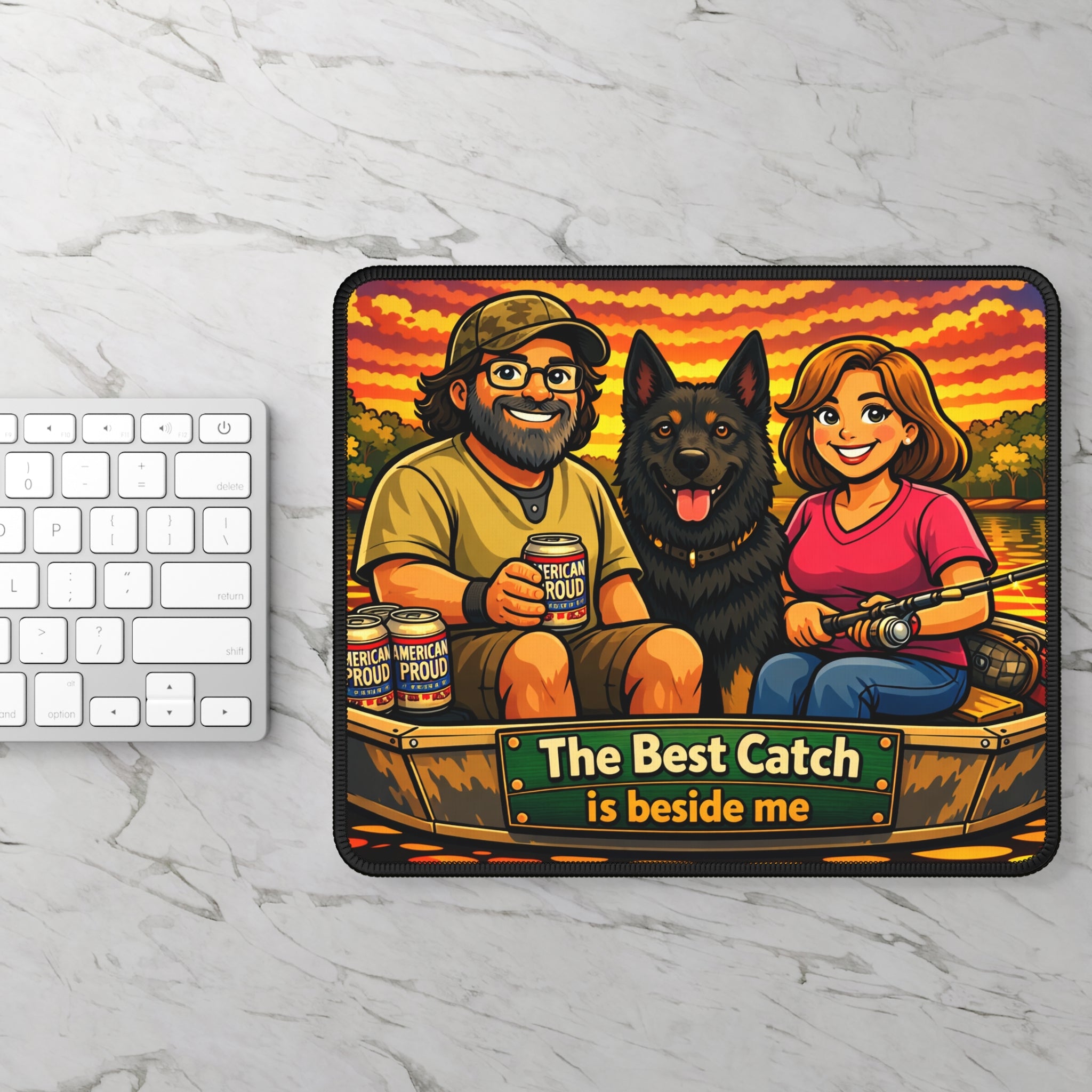 Fishing Couple Gaming Mouse Pad — "The Best Catch Is Beside Me" Cartoon Design