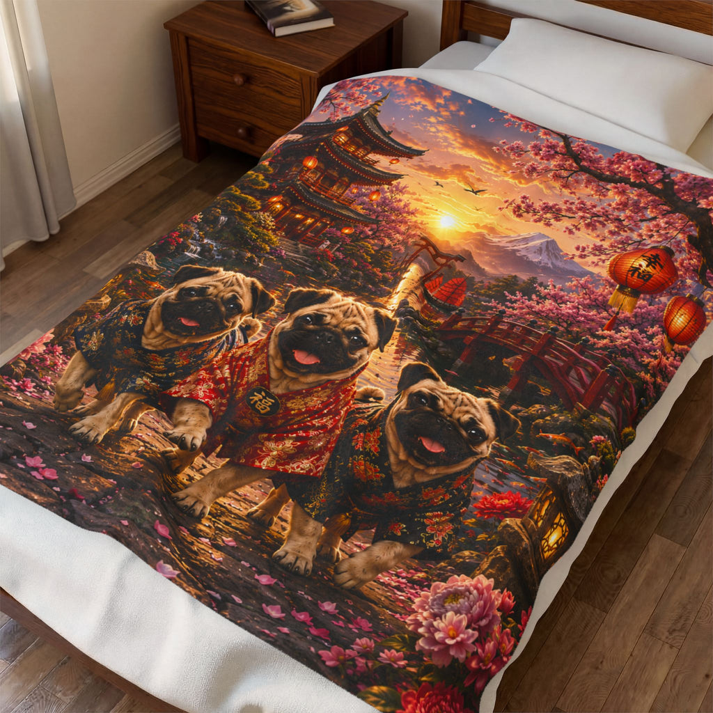 Japanese Garden Pugs Sunset Throw-Velveteen Plush Blanket