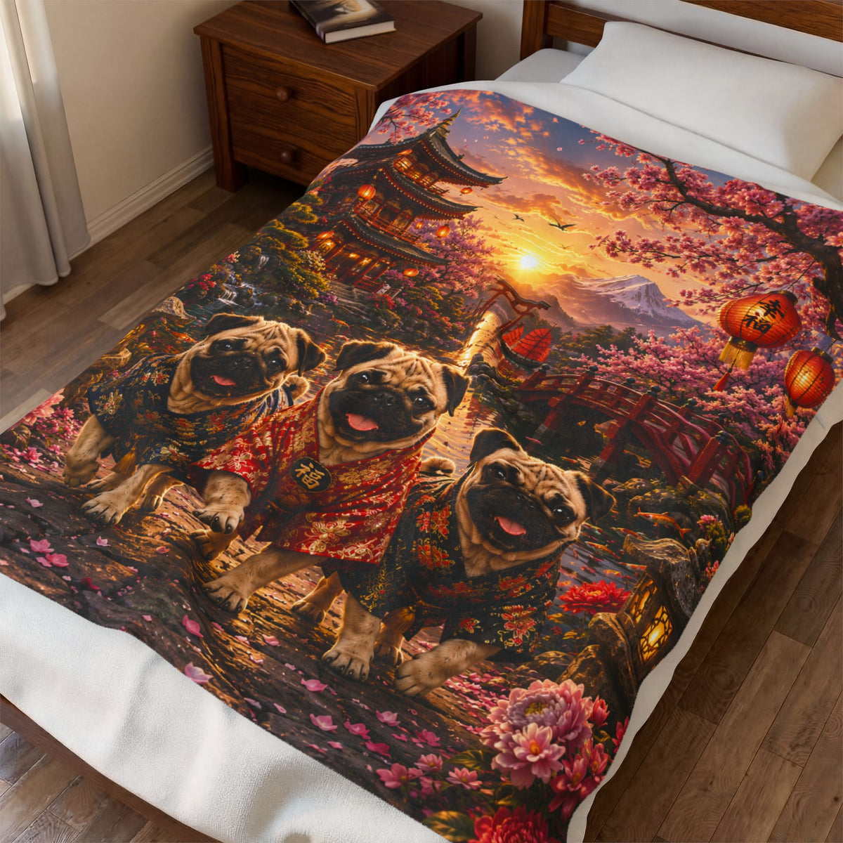 Japanese Garden Pugs Sunset Throw-Velveteen Plush Blanket