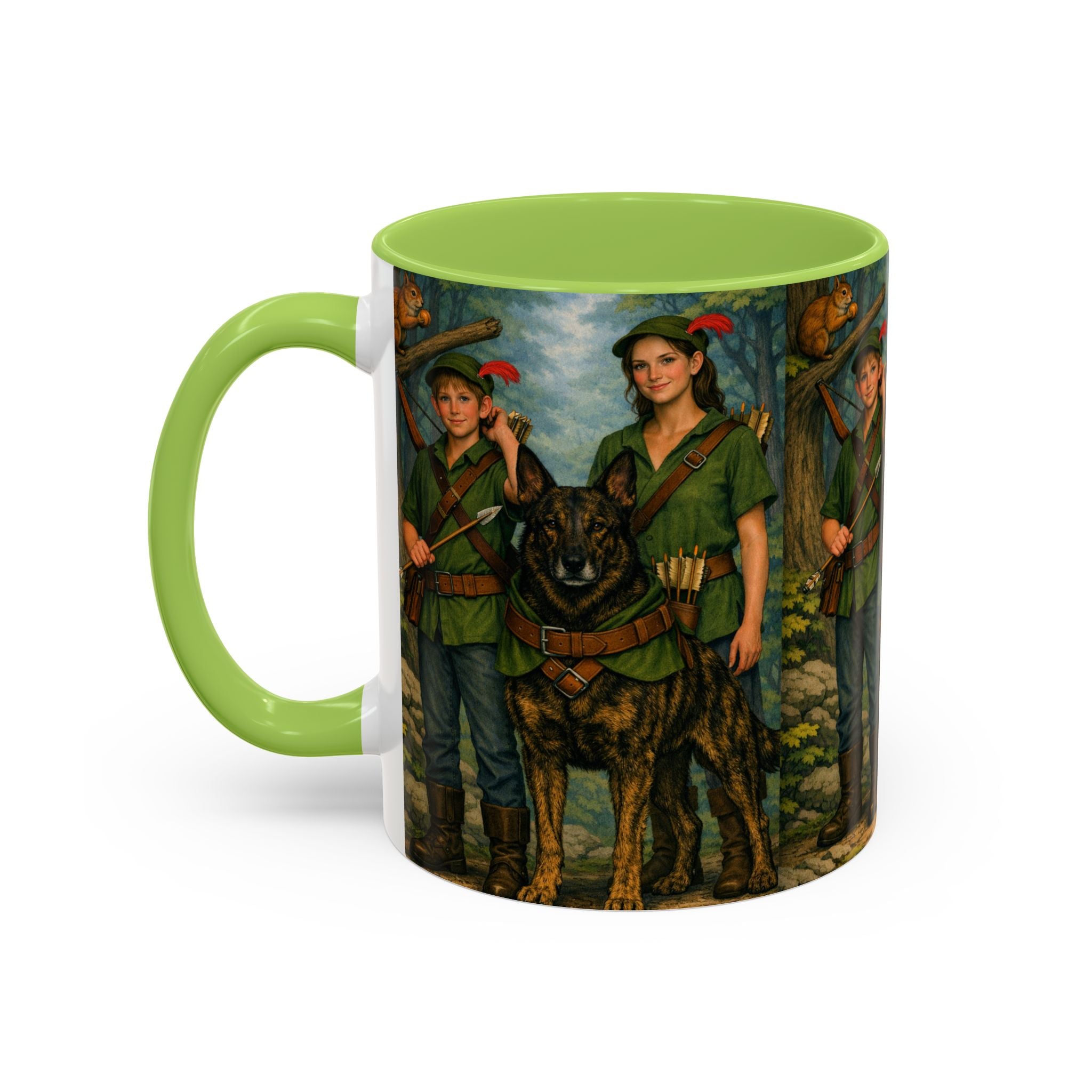 Robin Hood Duo &  Dutch Shepherd Dog Coffee Mug – Fantasy Archer Duo Illustration, Gift for Adventure Fans
