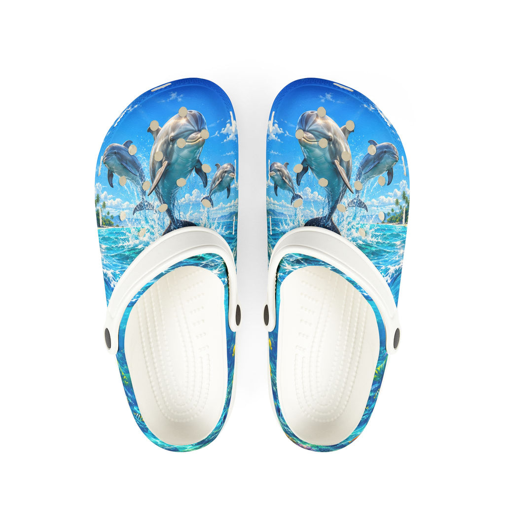 Dolphin Splash EVA Foam Clogs — Watercolor Ocean Beach Slip-Ons
