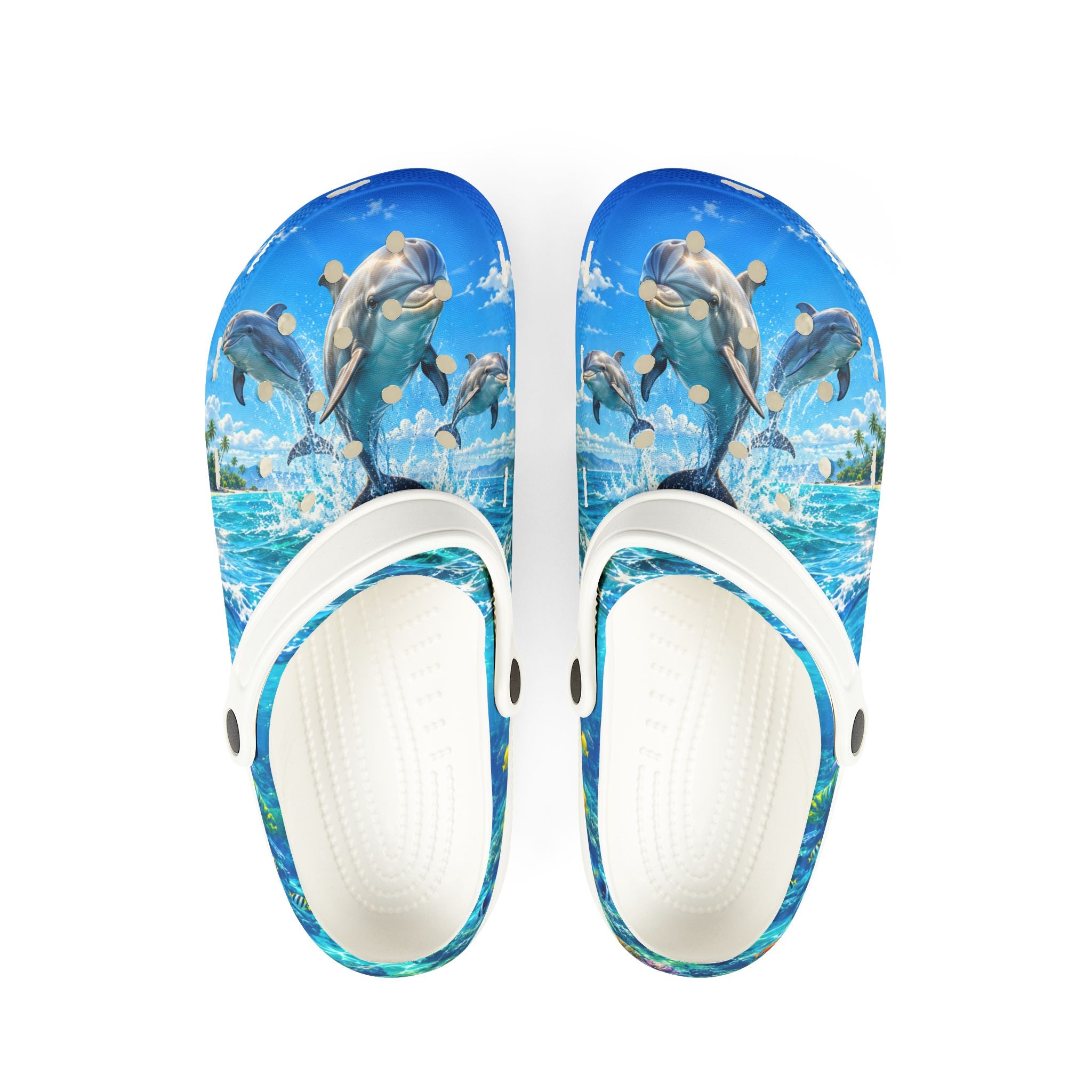Dolphin Splash EVA Foam Clogs — Watercolor Ocean Beach Slip-Ons