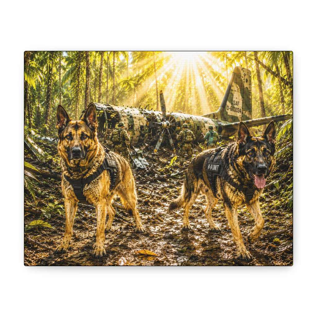 Military Search & Rescue Dogs Canvas Print — German Shepherd K9 Woodland Wall Art