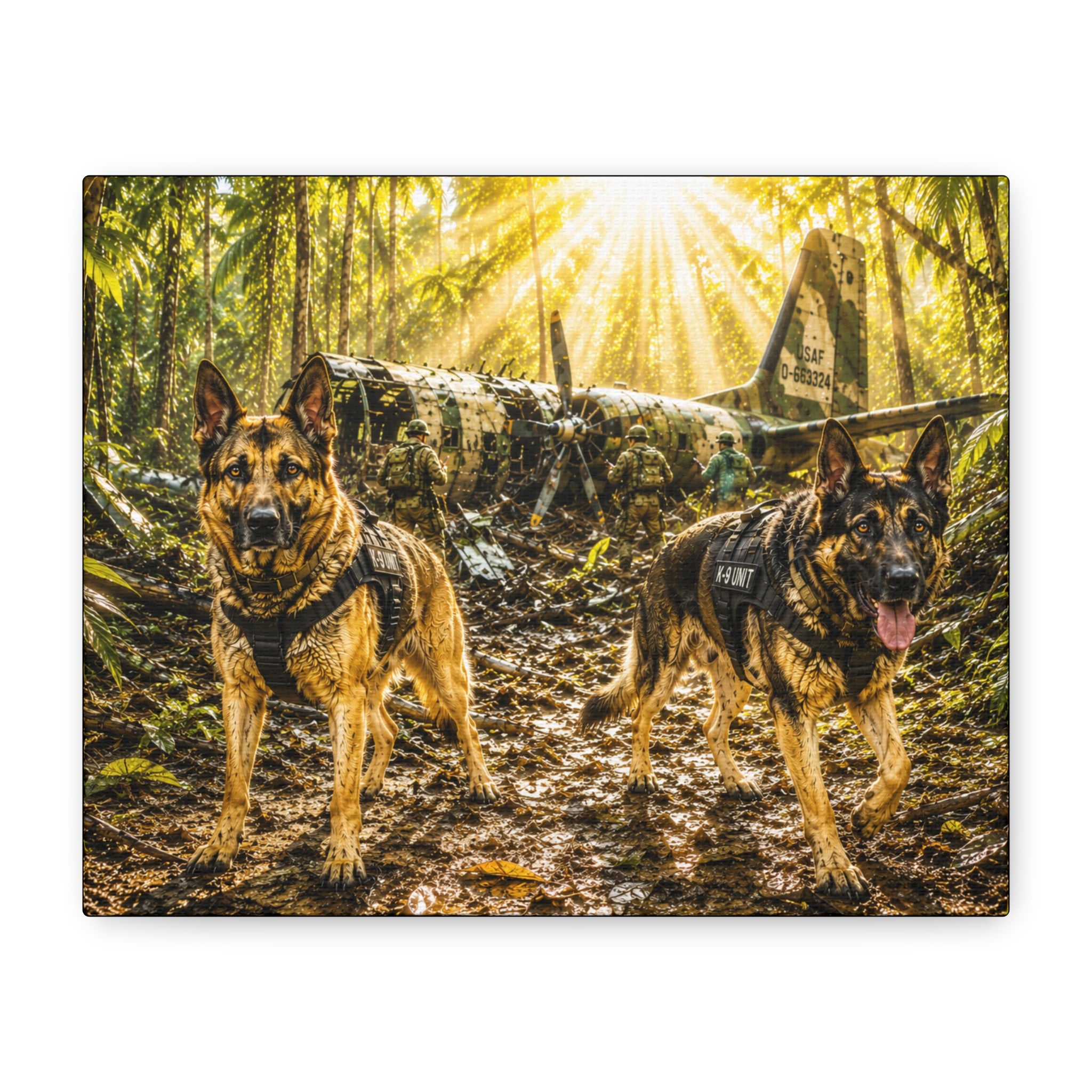 Military Search & Rescue Dogs Canvas Print — German Shepherd K9 Woodland Wall Art