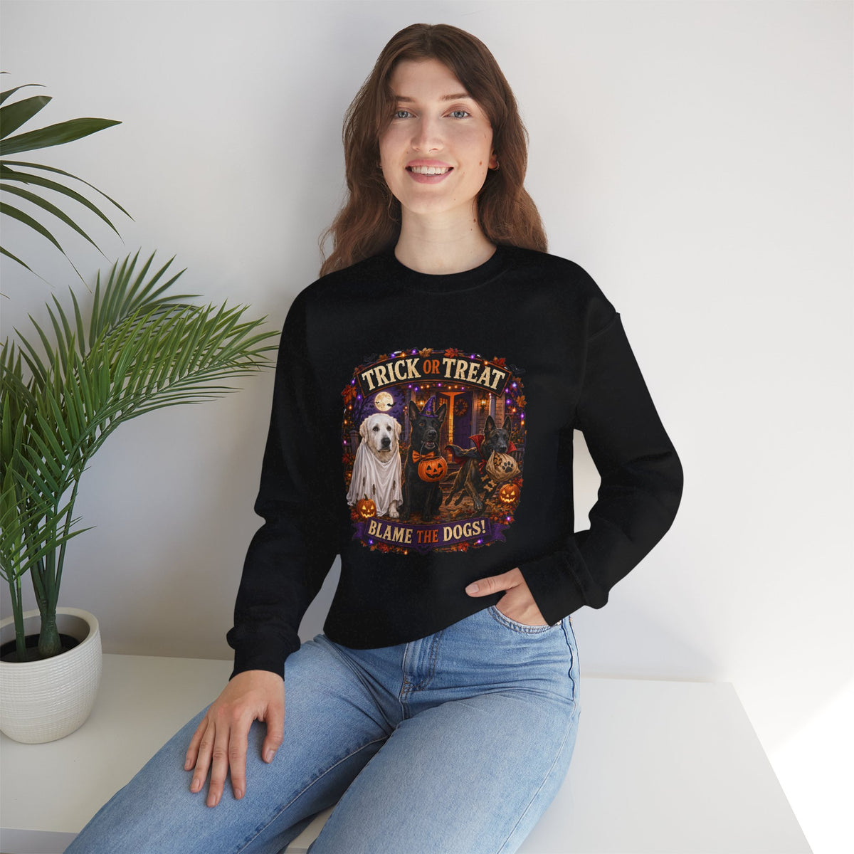 Halloween Crewneck Sweatshirt - "Trick or Treat, Blame the Dogs" Cute K-9 Dog Ghost Pumpkin Design