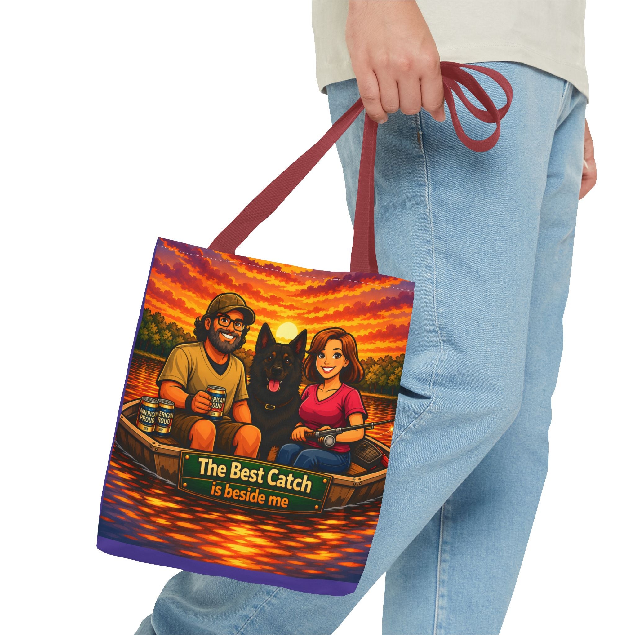 Tote Bag — "The Best Catch Is Beside Me" Fishing Couple & Dog Sunset Tote