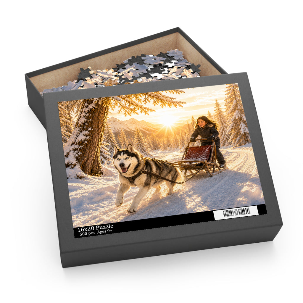 Winter Sled Dog Puzzle – Scenic Husky Sledding Jigsaw (120–500 pcs)