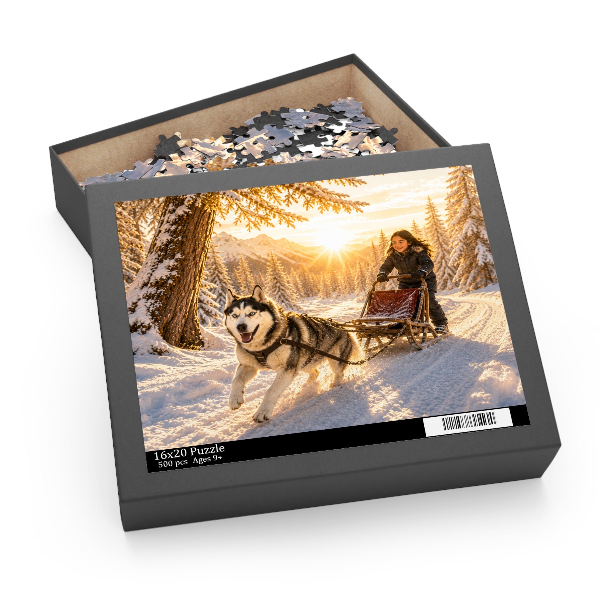 Winter Sled Dog Puzzle – Scenic Husky Sledding Jigsaw (120–500 pcs)