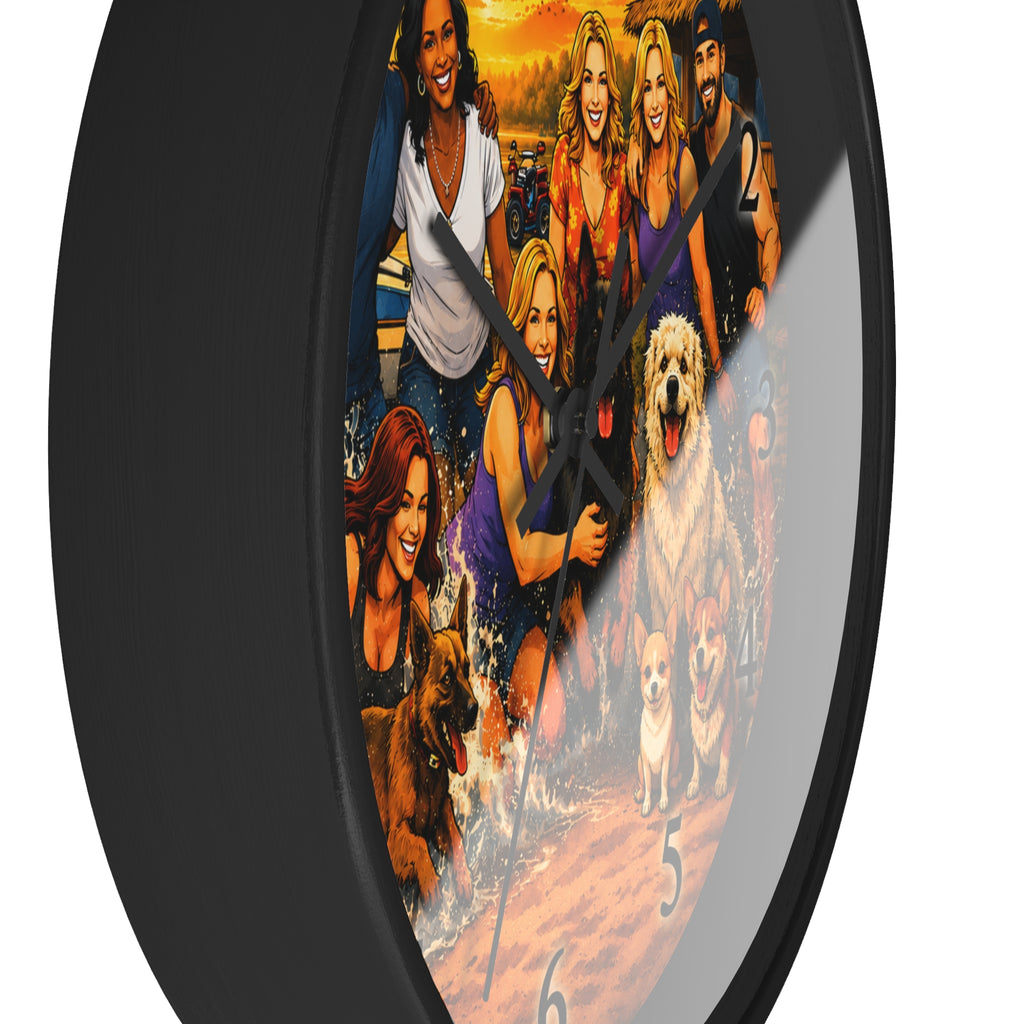 Sandy Paws Beach Wall Clock — Sunset Family and Dogs Portrait Design