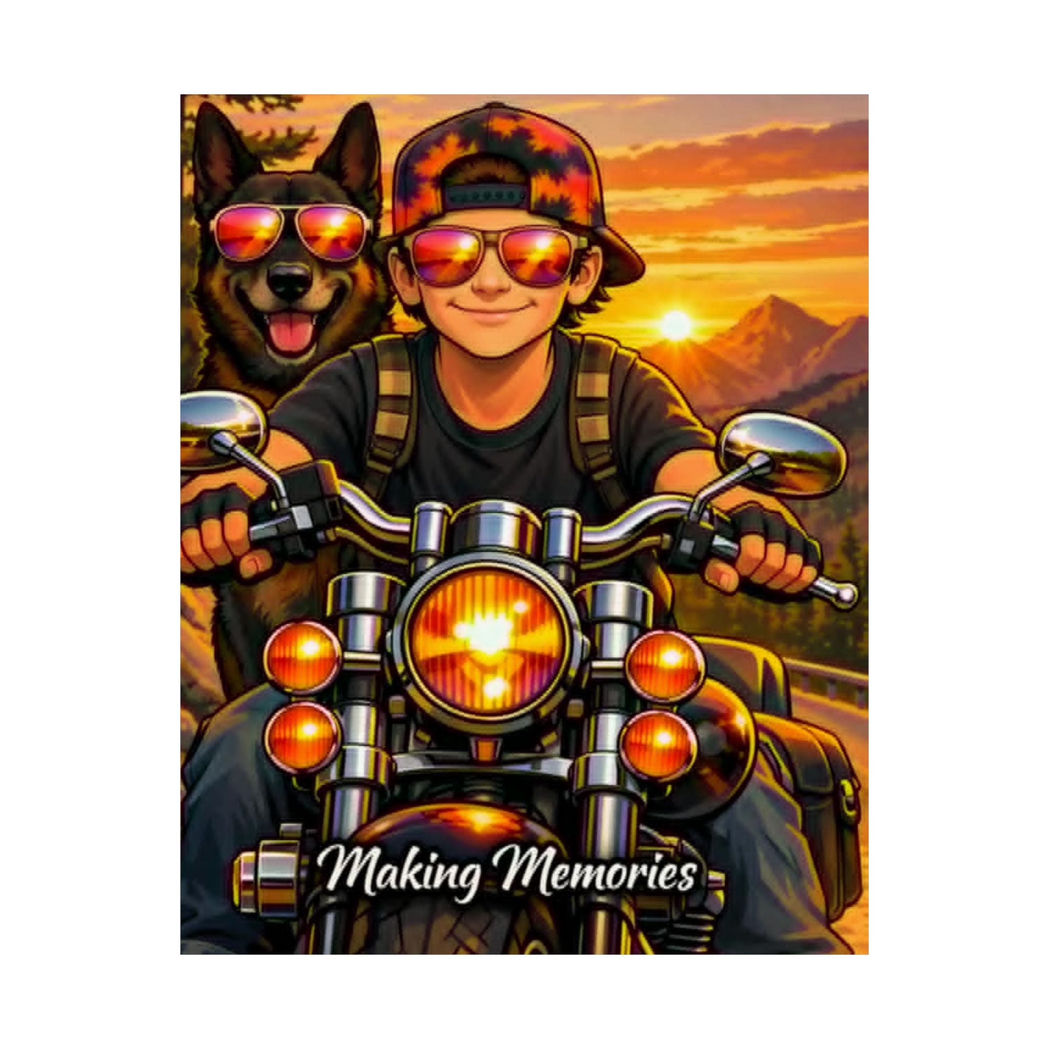 Satin Poster – 'Making Memories' Motorcycle Rider & Dog Sunset Print (210gsm)
