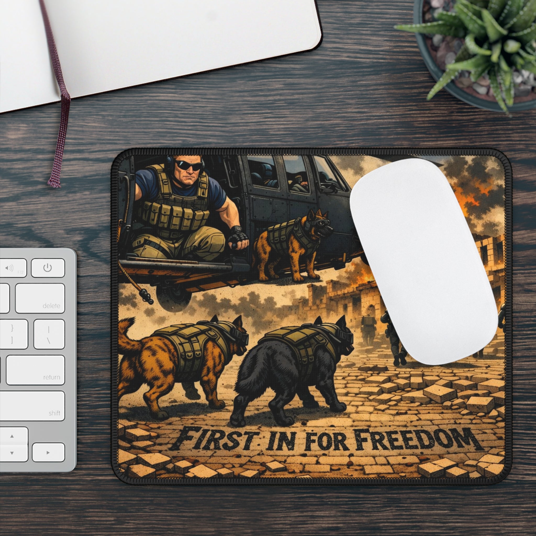 Tactical K9 Gaming Mouse Pad — "First In For Freedom" Military Dog Desk Mat