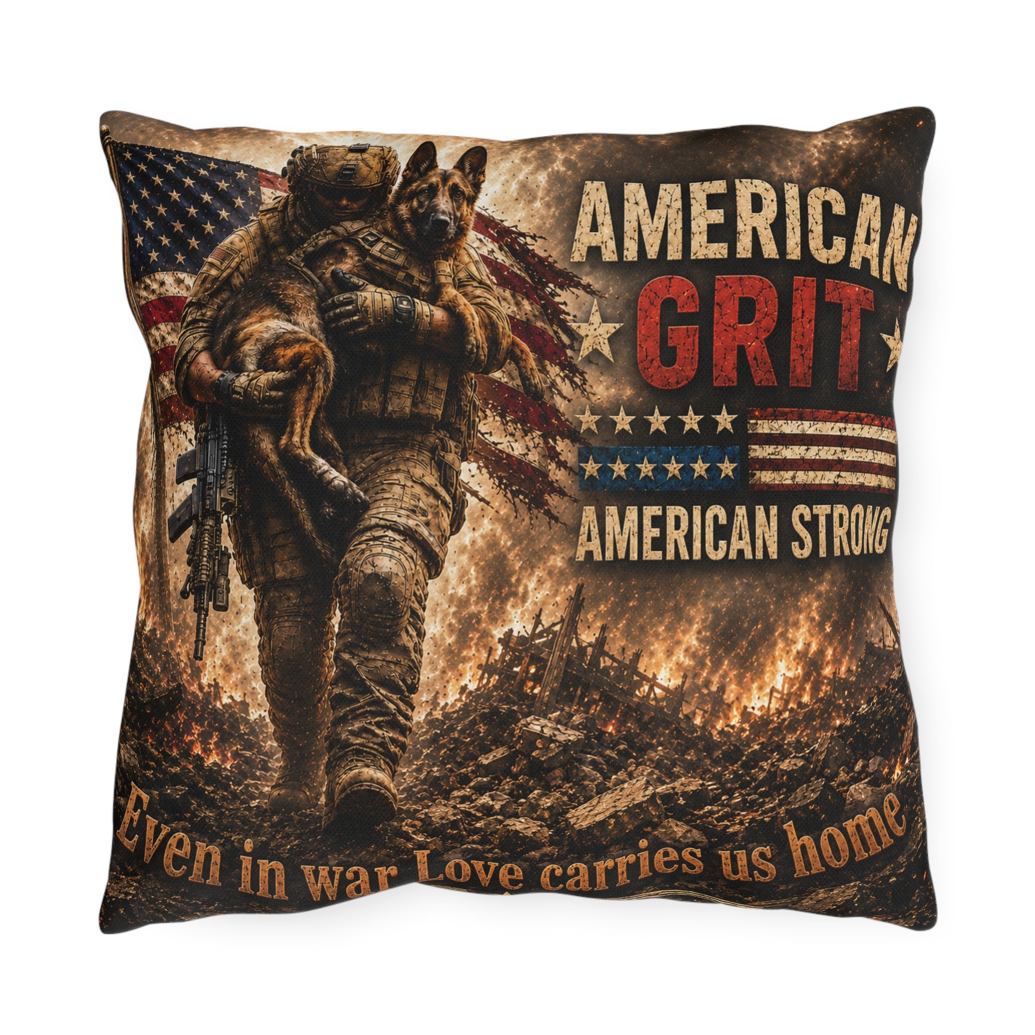 Outdoor Pillow — American Grit Patriotic Military Rescue Design ("American Strong")